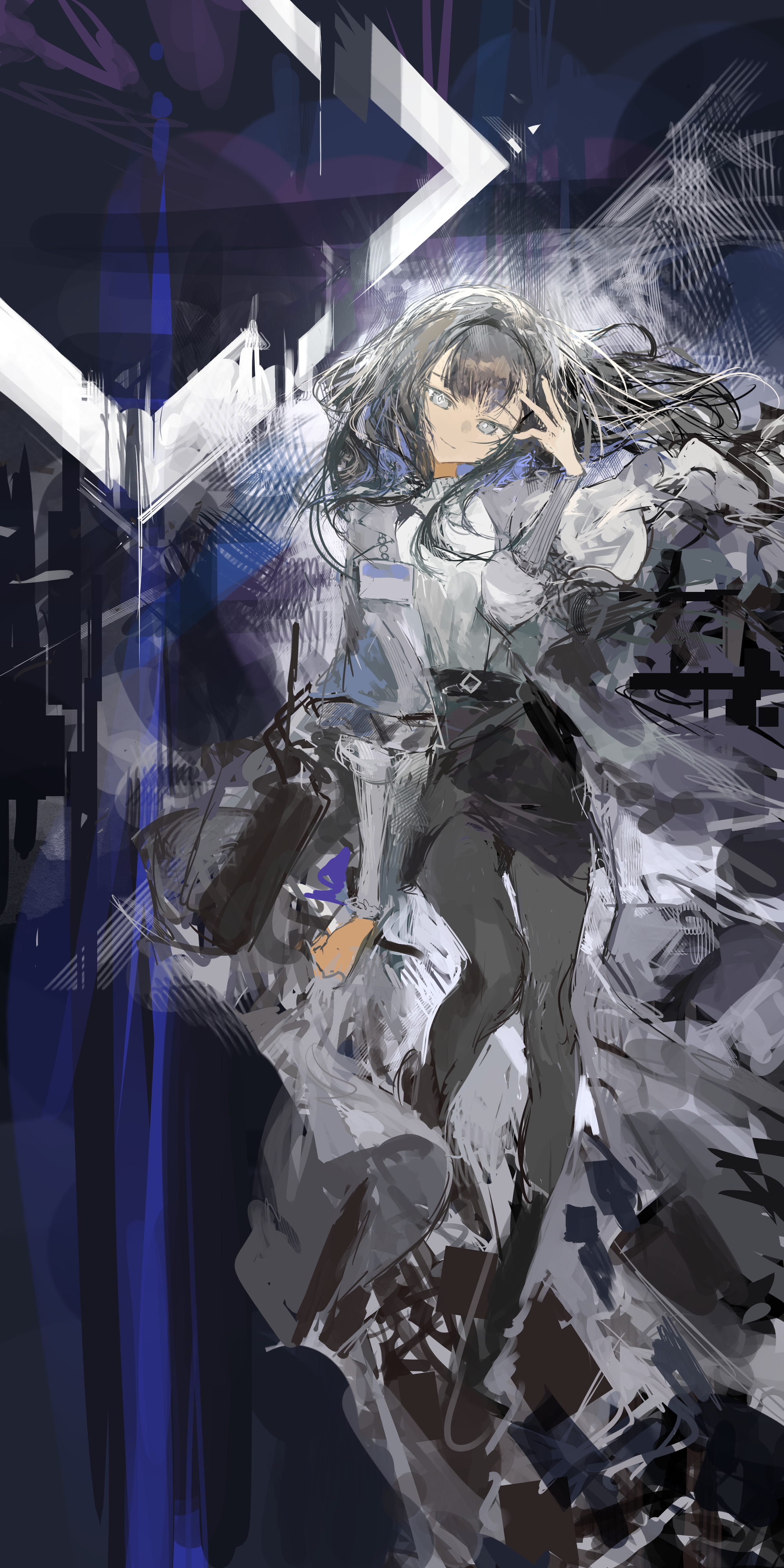 ichika (ichika87), priestess (arknights), arknights, absurdres, commentary, highres, symbol-only commentary, tagme, 1girl, black hair, black pantyhose, black skirt, closed mouth, grey eyes, long hair, pantyhose, shirt, skirt, solo, white shirt