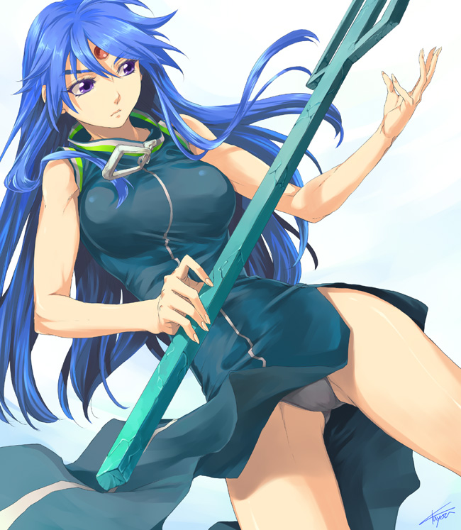 kayou (kayou-bi), 1girl, blue hair, dress, female focus, long hair, panties, pantyshot, purple eyes, sleeveless, solo, underwear
