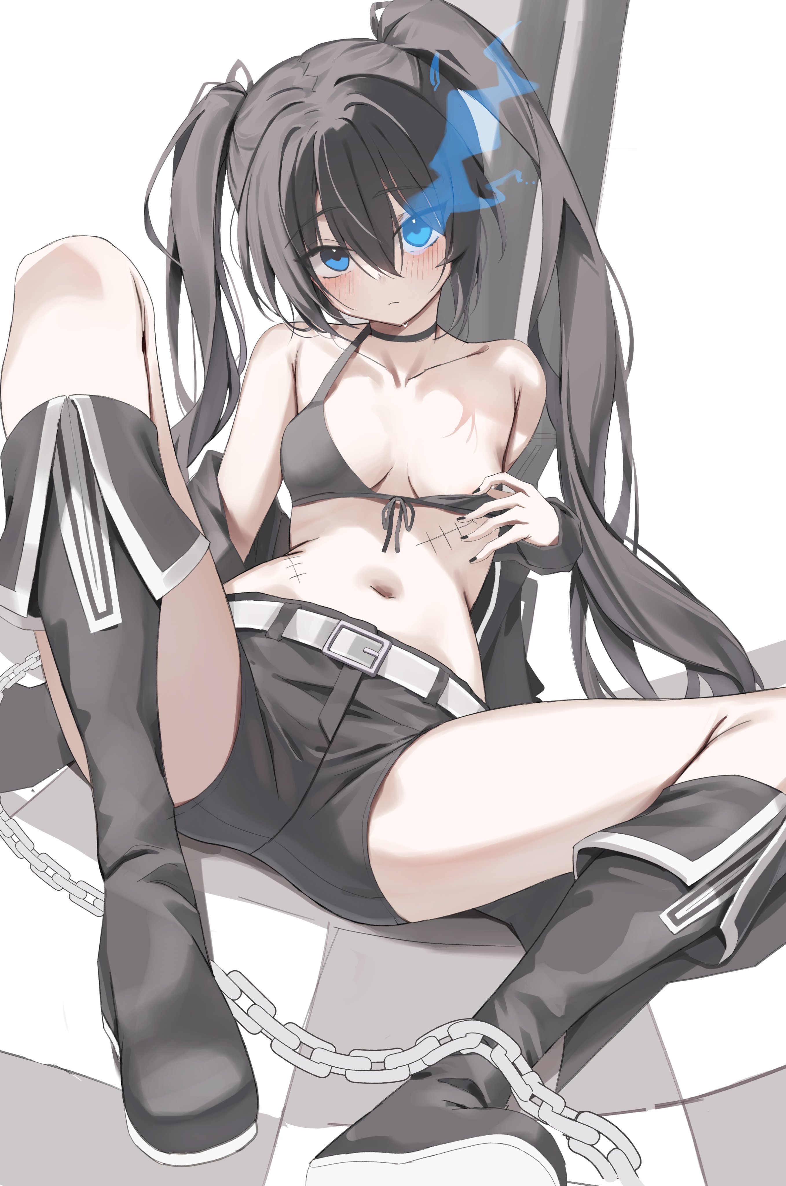 scarlet (wv0102), black rock shooter (character), black rock shooter, absurdres, commentary, highres, symbol-only commentary, 1girl, armpit crease, belt, bikini, bikini top only, bikini top pull, black boots, black choker, black hair, black jacket, black nails, black shorts, blue eyes, blush, boots, breasts, chain, choker, closed mouth, collarbone, flaming eye, front-tie bikini top, front-tie top, jacket, knee up, long hair, looking at viewer, nail polish, navel, no shirt, off shoulder, open clothes, open jacket, pulling own clothes, scar, shorts, sitting, small breasts, solo, spread legs, strap slip, swimsuit, twintails