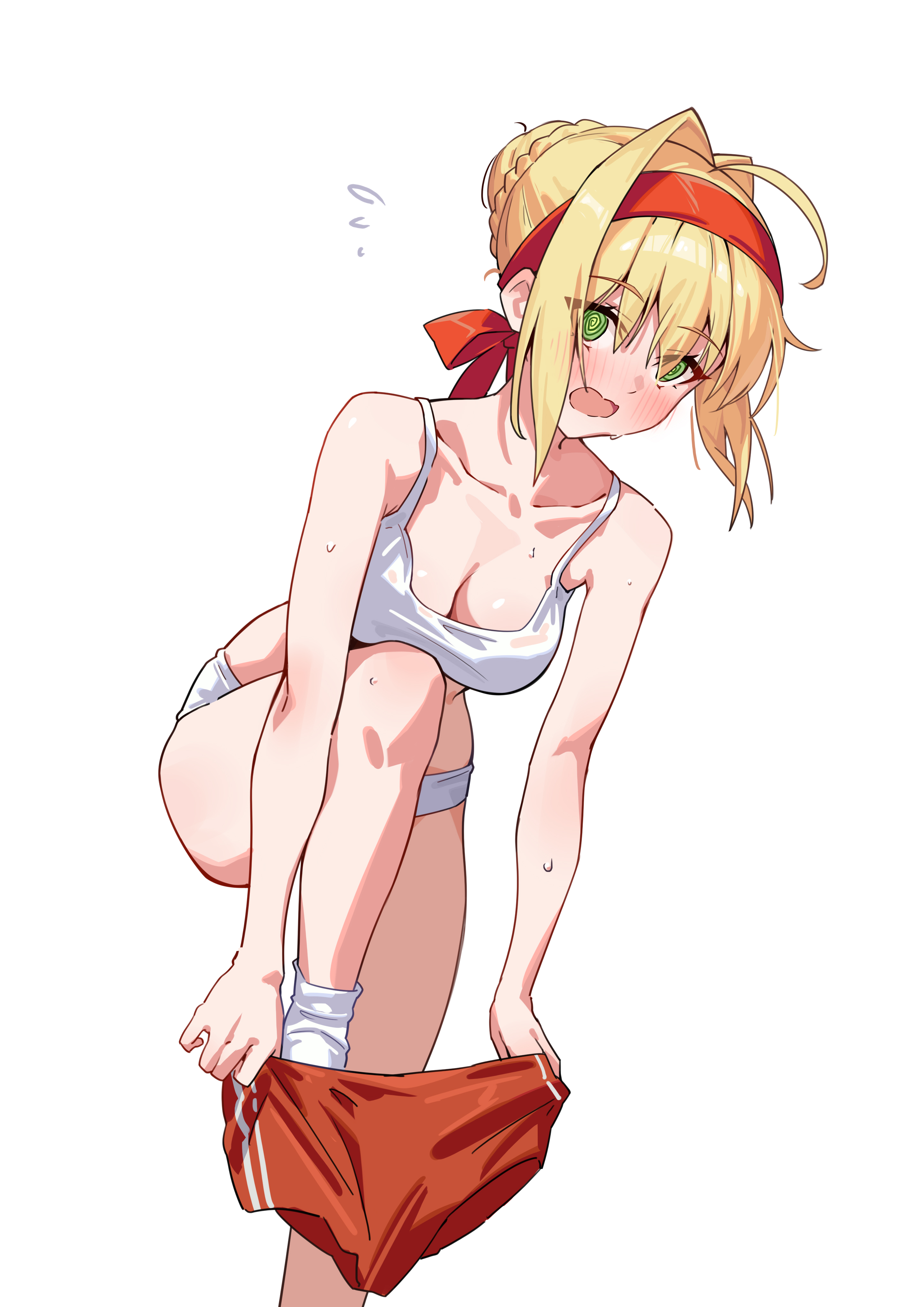 shenqi xiao hong zai nali, nero claudius (fate), nero claudius (olympian bloomers) (fate), fate/grand order, fate (series), absurdres, highres, 1girl, ahoge, blonde hair, breasts, cleavage, green eyes, holding, holding shorts, holding unworn clothes, looking at viewer, open mouth, red shorts, shorts, shy, simple background, solo, sweat, undressing, unworn shorts, vest, white background, white vest