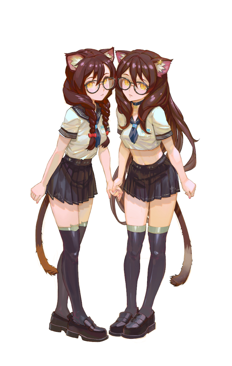 yugen99, original, braided twintails, highres, 2girls, animal ear fluff, animal ears, belt, black choker, black thighhighs, blue neckerchief, braid, breasts, brown hair, choker, crop top, glasses, loafers, long hair, looking at viewer, midriff peek, multiple girls, navel, neckerchief, school uniform, serafuku, shoes, short sleeves, siblings, skindentation, small breasts, standing, stomach, tail, thighhighs, twins, very long hair, white background, white serafuku, yellow eyes