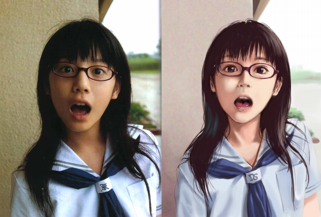 derivative work, photo (medium), reference photo, reference work, 1girl, asian, comparison, female focus, glasses, long hair, necktie, open mouth, photo inset, realistic, reference, reference inset, school uniform, serafuku