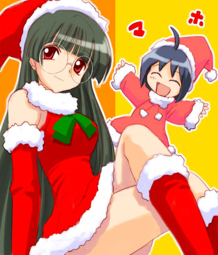 katagiri himeko, maho, tachibana rei, pani poni dash!, 00s, 1girl, ahoge, blue hair, christmas, crossed legs, glasses, green hair, legs, santa costume, sitting