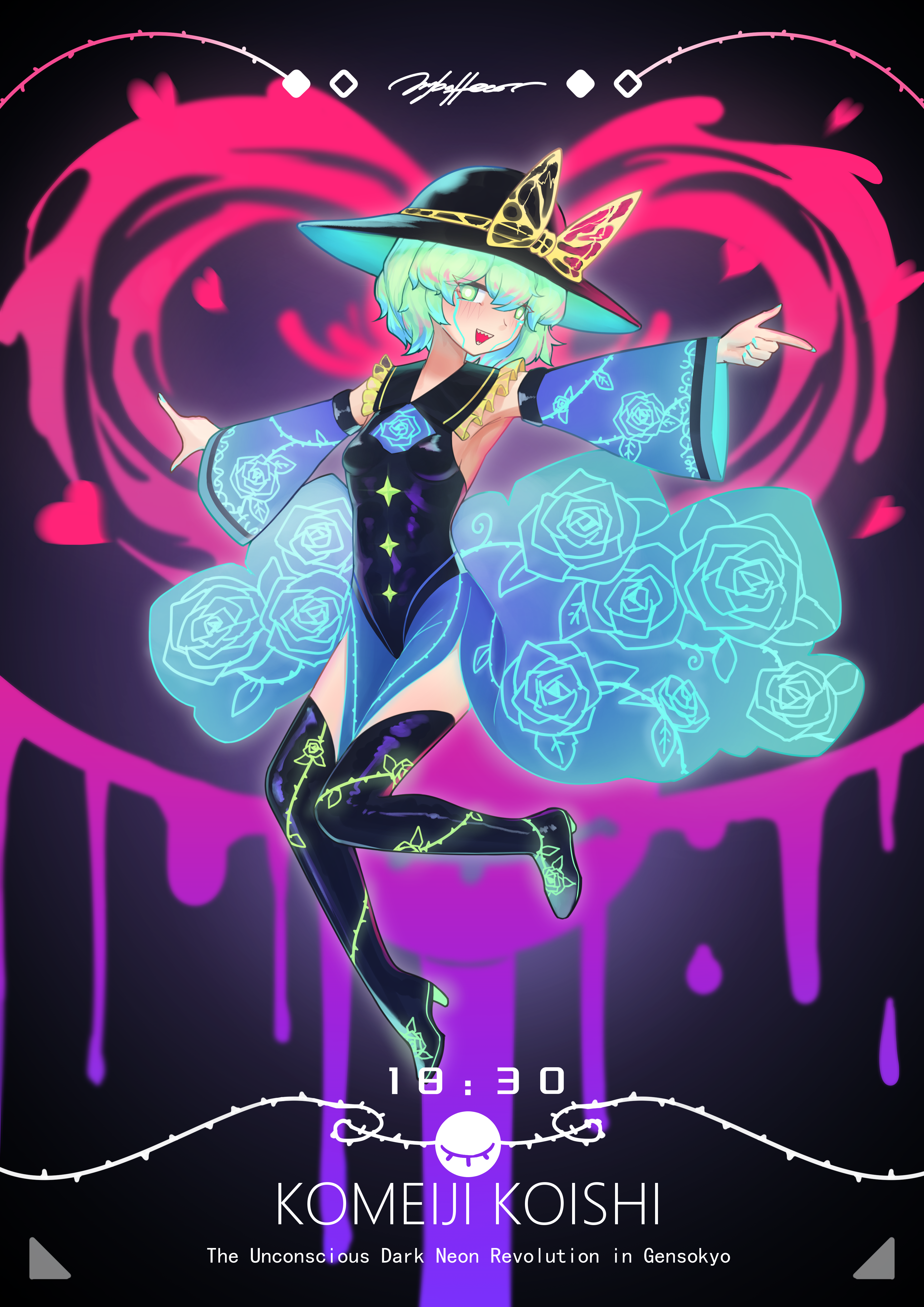 littiecy, komeiji koishi, touhou, absurdres, commentary, highres, symbol-only commentary, 1girl, adapted costume, aqua hair, aqua nails, black boots, black hat, black leotard, boots, breasts, character name, collar, detached sleeves, floral print, frilled collar, frills, full body, glowing, glowing hair, hat, leotard, looking at viewer, open mouth, outstretched arms, rose print, signature, small breasts, solo, spread arms, teeth, thigh boots