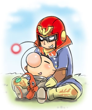 koma (side), captain falcon, olimar, f-zero, nintendo, pikmin (series), super smash bros., lowres, 2boys, between legs, boots, brown hair, gloves, grin, helmet, hug, hug from behind, leaf, male focus, multiple boys, nose, pikmin (creature), pointy ears, scarf, sitting, smile, spacesuit