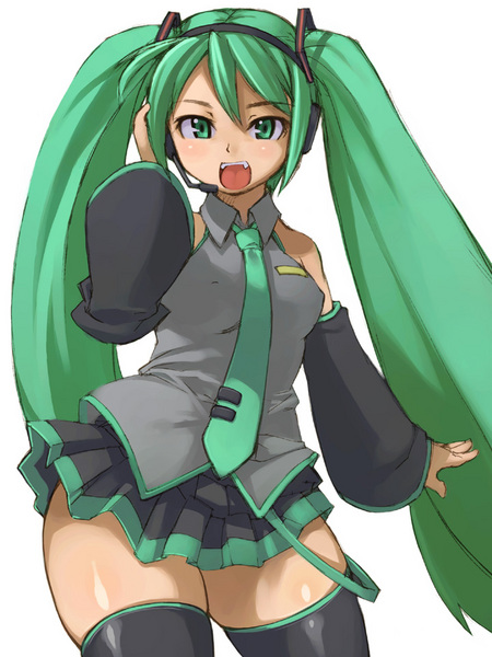 kawacchi hirohiro, hatsune miku, vocaloid, image sample, md5 mismatch, pixiv sample, resolution mismatch, source larger, 1girl, bare shoulders, breasts, curvy, detached sleeves, female focus, green eyes, green hair, headphones, long hair, medium breasts, necktie, solo, thick thighs, thighhighs, thighs, twintails, very long hair
