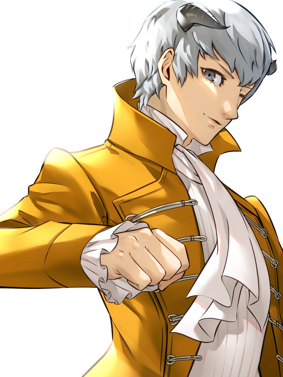 wanderstillart, strohl (metaphor: refantazio), metaphor: refantazio, commentary, 1boy, brown jacket, closed mouth, frilled sleeves, frills, grey background, grey eyes, grey hair, grey horns, horns, jacket, long sleeves, male focus, one eye closed, open clothes, open jacket, scarf, shirt, short hair, simple background, smile, solo, white scarf, white shirt