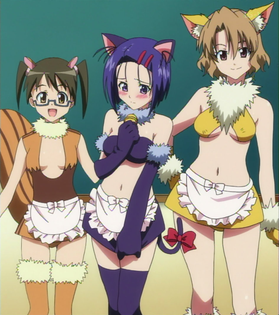 momioka risa, sairenji haruna, sawada mio, to love-ru, blue legwear, looking away, orange legwear, anime screenshot, stitched, third-party edit, 3girls, :d, :|, animal ears, apron, bandeau, bare shoulders, bell, bikini, bikini top only, black hair, blue eyes, blue hair, blush, bow, breasts, breasts apart, brown eyes, brown hair, cat ears, cat tail, center opening, chalkboard, classroom, cleavage, clenched hand, closed mouth, collar, cosplay, criss-cross halter, dress, elbow gloves, embarrassed, fur trim, glasses, gloves, hair ornament, hairclip, halterneck, hand on own chest, hand on own hip, height difference, indoors, jingle bell, lineup, looking at viewer, looking down, microskirt, midriff, multiple girls, navel, neck bell, no bra, open mouth, parted bangs, pencil skirt, purple eyes, school, scrunchie, semi-rimless eyewear, short dress, short hair, short twintails, skirt, skirt tug, sling bikini top, small breasts, smile, squirrel ears, squirrel tail, standing, swimsuit, tail, tail bow, tail ornament, thighhighs, twintails, under-rim eyewear, underboob, waist apron, waitress, wavy hair, zettai ryouiki