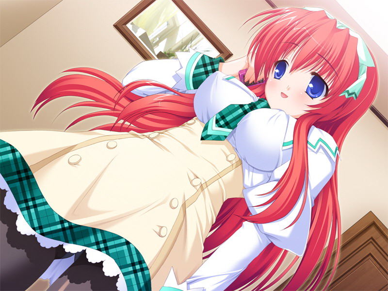 hinamatsuri touko, houjou chiaki, dokodemo sukishite itsudemo sukishite, game cg, non-web source, 1girl, black pantyhose, blue eyes, blush, breasts, ceiling, cellphone, covered erect nipples, door, dress, dutch angle, female focus, green necktie, green ribbon, hair ribbon, holding, holding phone, large breasts, long hair, long sleeves, necktie, open mouth, pantyhose, phone, picture frame, plaid clothes, plaid necktie, puffy sleeves, red hair, ribbon, shirt, skirt, smartphone, smile, solo, talking on phone, white shirt, yellow skirt