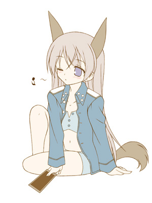 eila ilmatar juutilainen, strike witches, world witches series, eyebrows, lowres, 00s, 1girl, animal ears, blonde hair, collarbone, female focus, fox ears, fox tail, long sleeves, midriff, navel, purple eyes, simple background, sitting, solo, stomach, tail, white background, yokozuwari