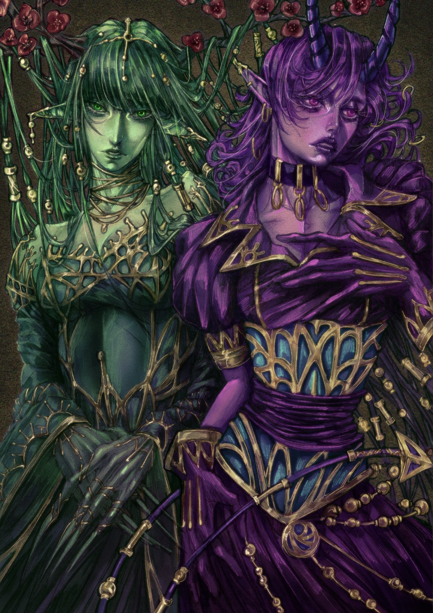demi (lunacid), commentary, english commentary, highres, 2girls, antlers, bare shoulders, choker, collarbone, colored skin, cowboy shot, deer antlers, demon horns, demon tail, dress, ear piercing, earrings, eyelashes, eyeshadow, fingernails, flower, flower on head, gloves, gold trim, green background, green eyes, green hair, green skin, hair between eyes, hair ornament, hand on own chest, horns, jewelry, long fingernails, long hair, looking at viewer, looking to the side, lunacid, makeup, medium hair, multiple girls, neck ribbon, nose, own hands together, parted lips, patchouli (lunacid), piercing, pointy ears, purple choker, purple dress, purple eyes, purple gloves, purple horns, purple lips, purple skin, ribbon, sad69kun, tail, teeth