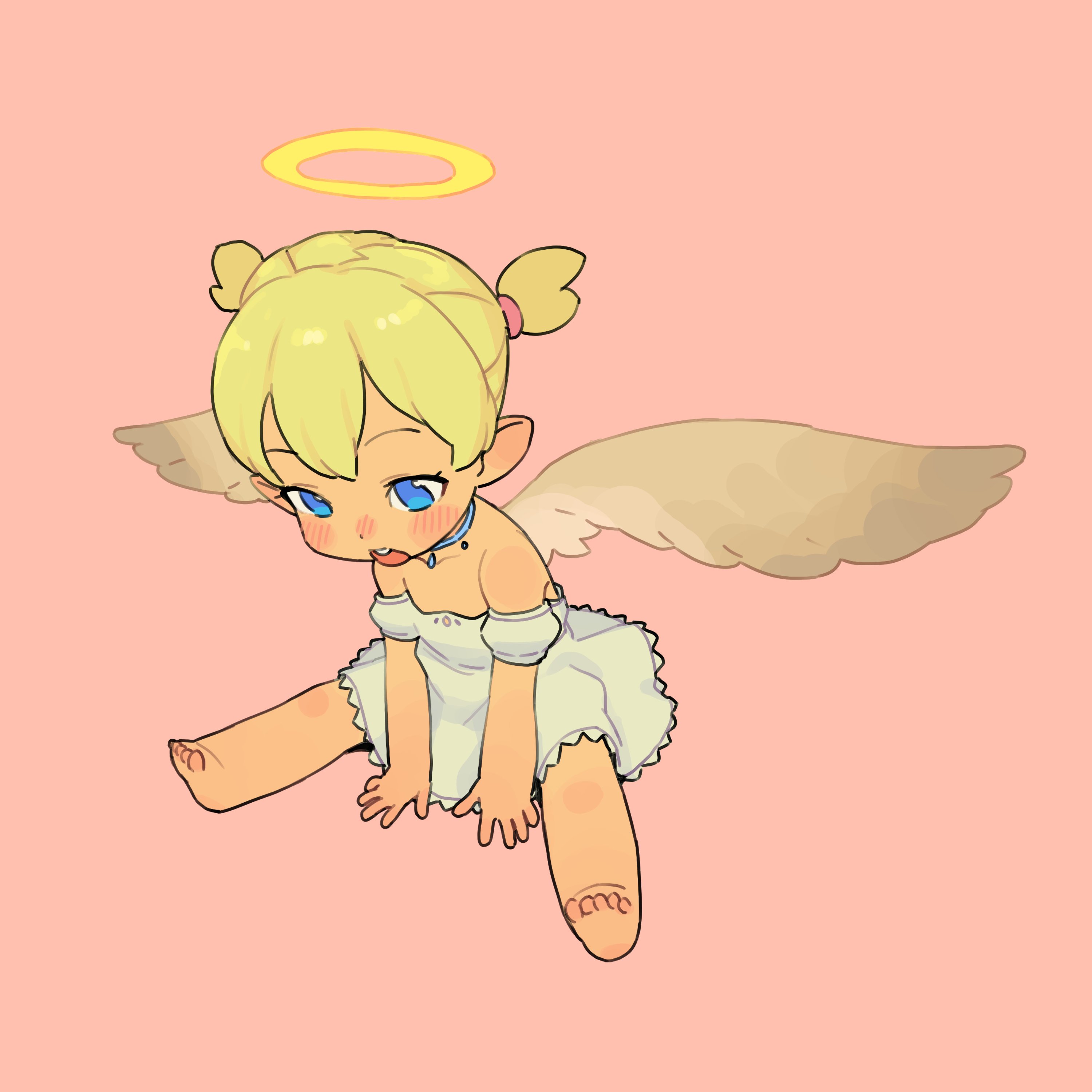 ryo chimo, original, absurdres, commentary request, highres, 1girl, angel, bare legs, bare shoulders, barefoot, blonde hair, blue eyes, blush, detached sleeves, dot nose, dress, from above, full body, halo, hands on ground, jewelry, leaning forward, medium dress, necklace, nose blush, open mouth, pink background, short hair, simple background, sitting, sleeveless, sleeveless dress, solo, spread legs, straight hair, strapless, strapless dress, teeth, toddler, two side up, upper teeth only, white dress, white sleeves