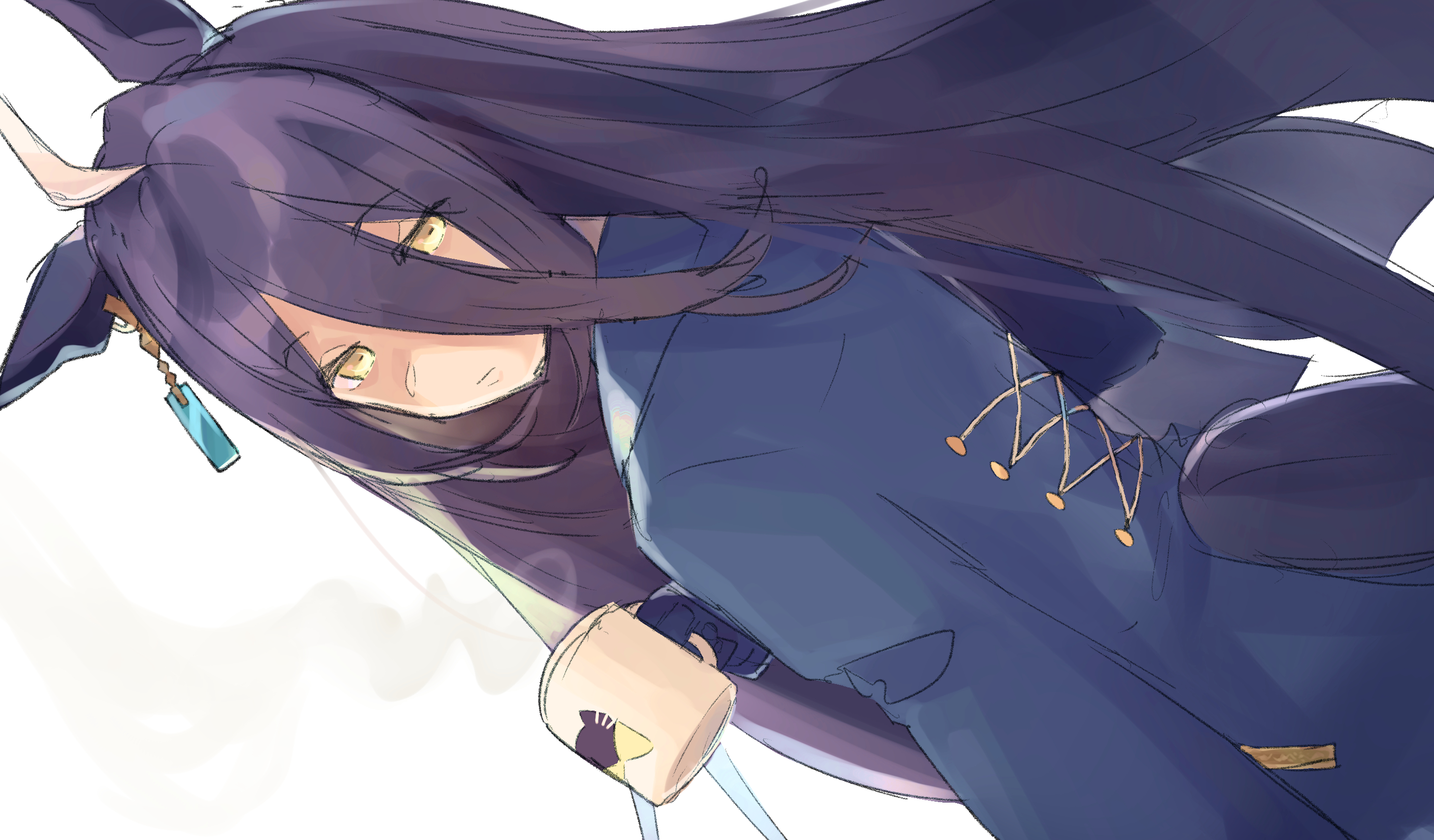 hito (maruhito), manhattan cafe (creeping black) (umamusume), manhattan cafe (umamusume), umamusume, commentary, hashtag-only commentary, highres, 1girl, ahoge, animal ears, black coat, black hair, closed mouth, clothing cutout, coat, coffee mug, cross-laced clothes, cross-laced coat, cup, expressionless, hair between eyes, holding, holding cup, horse ears, horse girl, horse tail, long hair, long hair between eyes, long sleeves, looking at viewer, looking back, mug, multicolored hair, sidelocks, simple background, solo, steam, streaked hair, tail, tail through clothes, very long hair, white background, yellow eyes