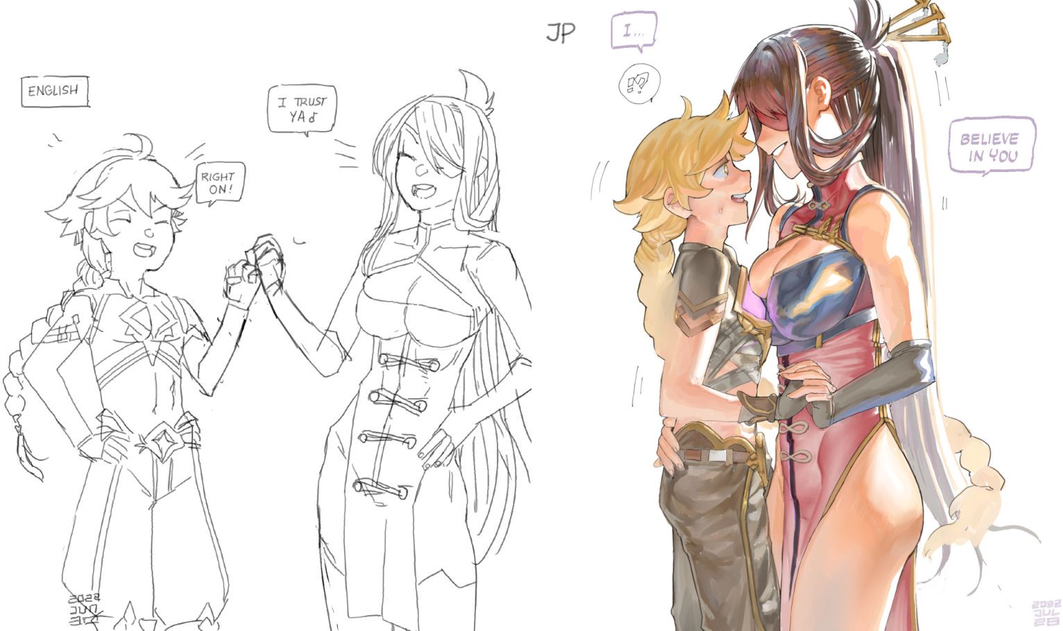 ac120, aether (genshin impact), beidou (genshin impact), genshin impact, commentary, english commentary, 1boy, 1girl, 2022, ahoge, assertive female, bare shoulders, black pants, blonde hair, braid, braided ponytail, breasts, brown hair, capelet, china dress, chinese clothes, cleavage cutout, closed eyes, clothing cutout, dress, english text, eyepatch, fingerless gloves, fist bump, gloves, hair ornament, hetero, holding hands, interlocked fingers, large breasts, long hair, midriff, monochrome, pants, pelvic curtain, red capelet, signature, sketch, speech bubble, timestamp