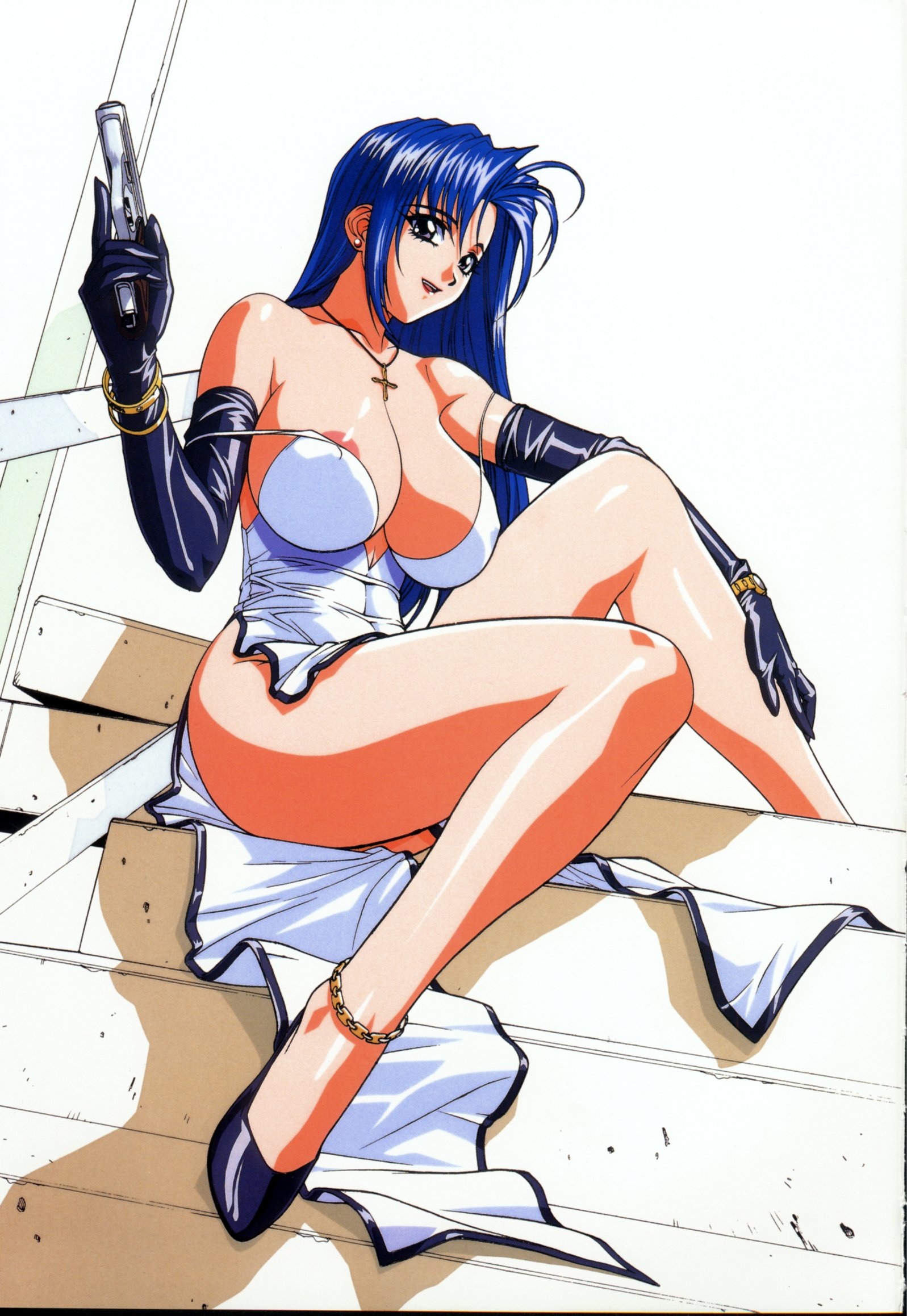 inoue takuya, original, highres, 1girl, anklet, blue hair, breasts, cleavage, cross, dress, earrings, elbow gloves, female focus, gloves, grey eyes, gun, handgun, high heels, huge breasts, jewelry, legs, long hair, long legs, necklace, nipple slip, nipples, pistol, semi-automatic pistol, shoes, solo, strap slip, thighs, weapon, white dress