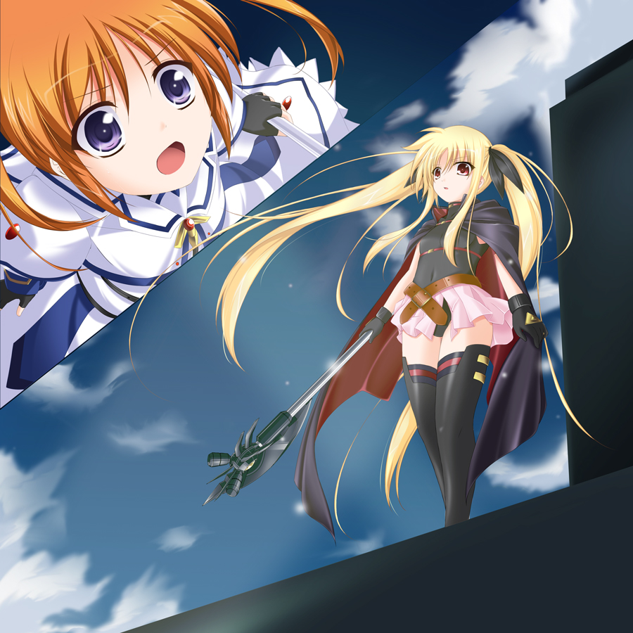 amicis, bardiche (axe form) (nanoha), bardiche (nanoha), fate testarossa, fate testarossa (movie 1st form), raising heart, takamachi nanoha, takamachi nanoha (movie 1st mode), lyrical nanoha, mahou shoujo lyrical nanoha, mahou shoujo lyrical nanoha the movie 1st, 10s, 2girls, belt, blonde hair, cape, multiple girls, night, night sky, sky, thighhighs, twintails