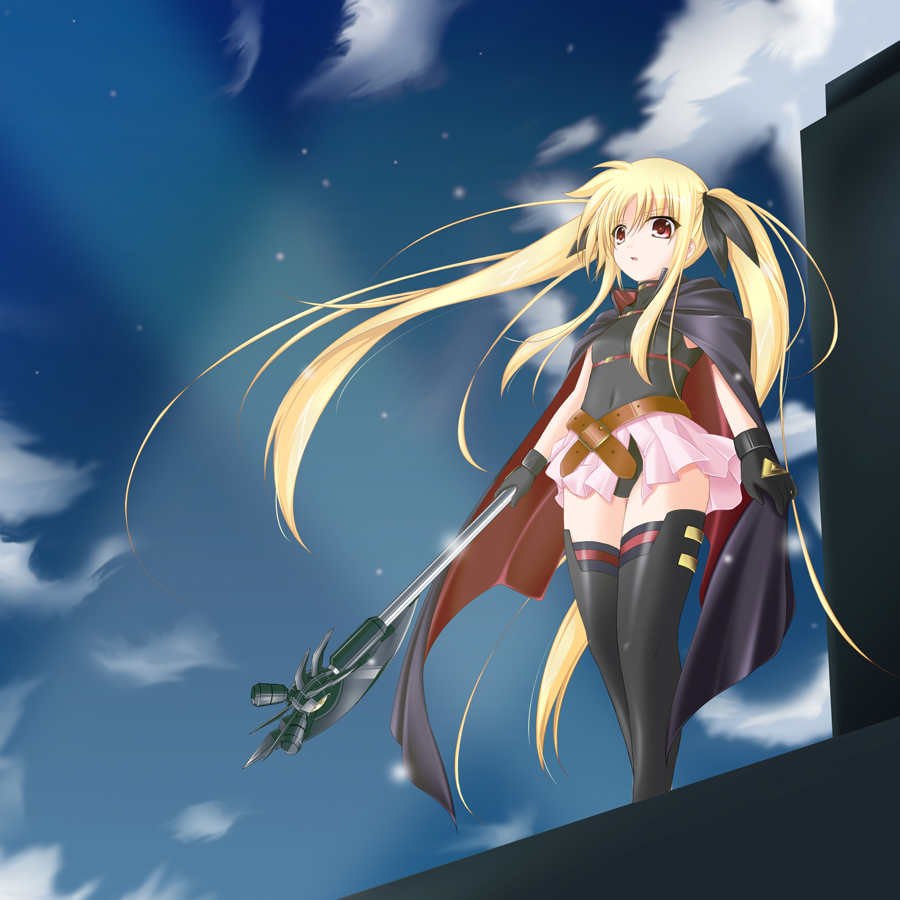 amicis, bardiche (axe form) (nanoha), bardiche (nanoha), fate testarossa, fate testarossa (movie 1st form), lyrical nanoha, mahou shoujo lyrical nanoha, 00s, belt, blonde hair, cape, night, night sky, sky, solo, thighhighs, twintails