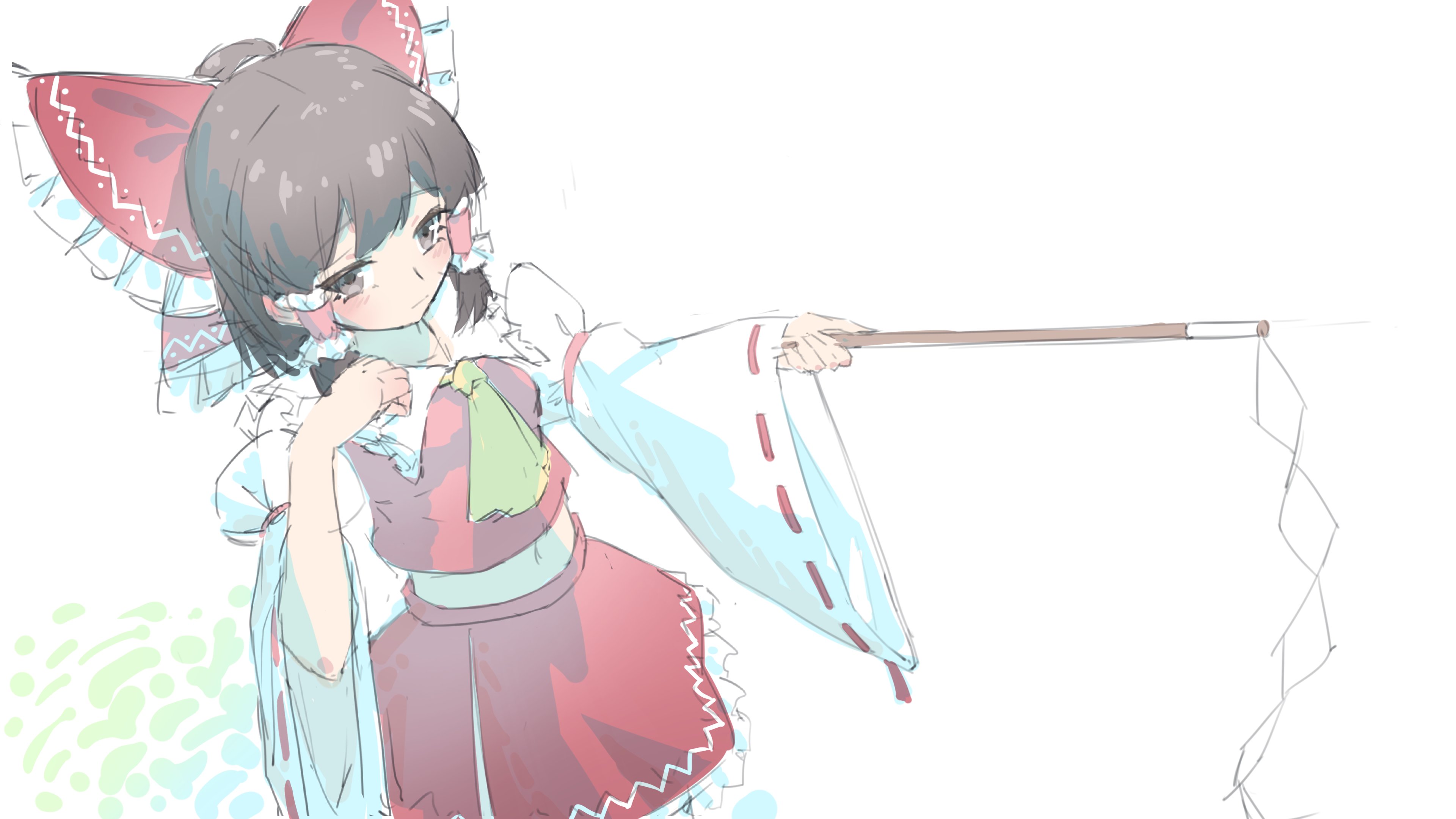 littiecy, hakurei reimu, touhou, absurdres, commentary, highres, 1girl, ascot, bow, brown eyes, brown hair, detached sleeves, frilled bow, frilled hair tubes, frills, gohei, hair bow, hair tubes, holding, holding gohei, midriff, navel, nontraditional miko, red bow, red shirt, red skirt, ribbon-trimmed sleeves, ribbon trim, shirt, short hair, sketch, skirt, skirt set, solo, wide sleeves, yellow ascot