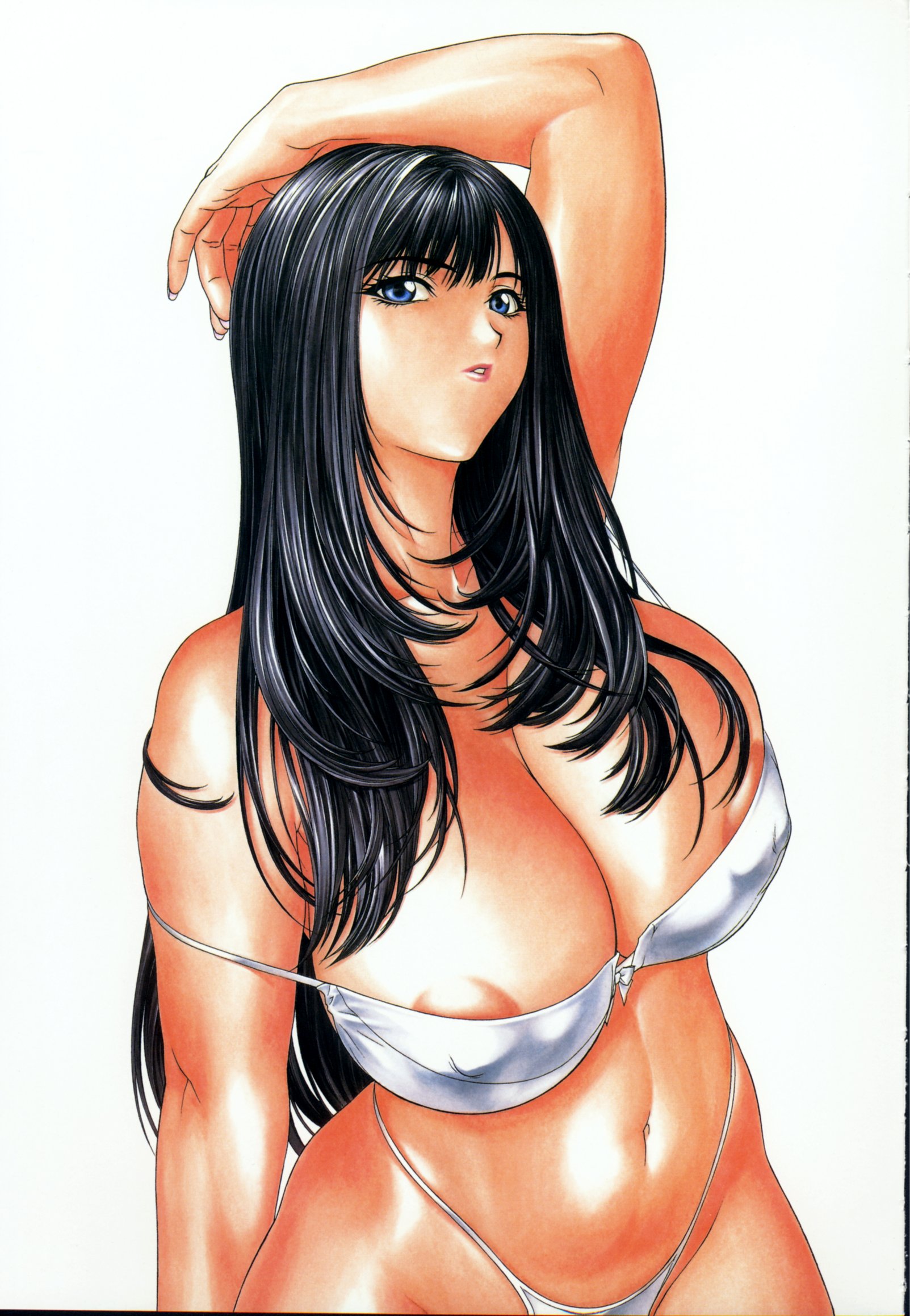 inoue takuya, highres, 1girl, black hair, blue eyes, bra, breasts, cleavage, covered erect nipples, female focus, highleg, highleg panties, hip focus, huge breasts, lingerie, long hair, panties, solo, thong, underwear, underwear only, white panties, wide hips
