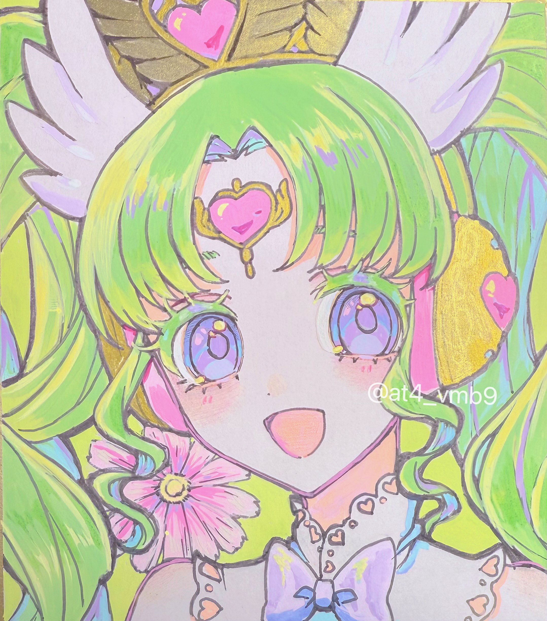 falulu, falulu (awakened), pretty series, pripara, absurdres, highres, marker (medium), traditional media, 1girl, :d, colored eyelashes, flower, forehead jewel, green hair, grey eyes, hair ornament, headphones, long hair, looking at viewer, open mouth, parted bangs, pink flower, smile, solo, twintails, twitter username, upper body, usasaki (at4 vmb9), wing hair ornament