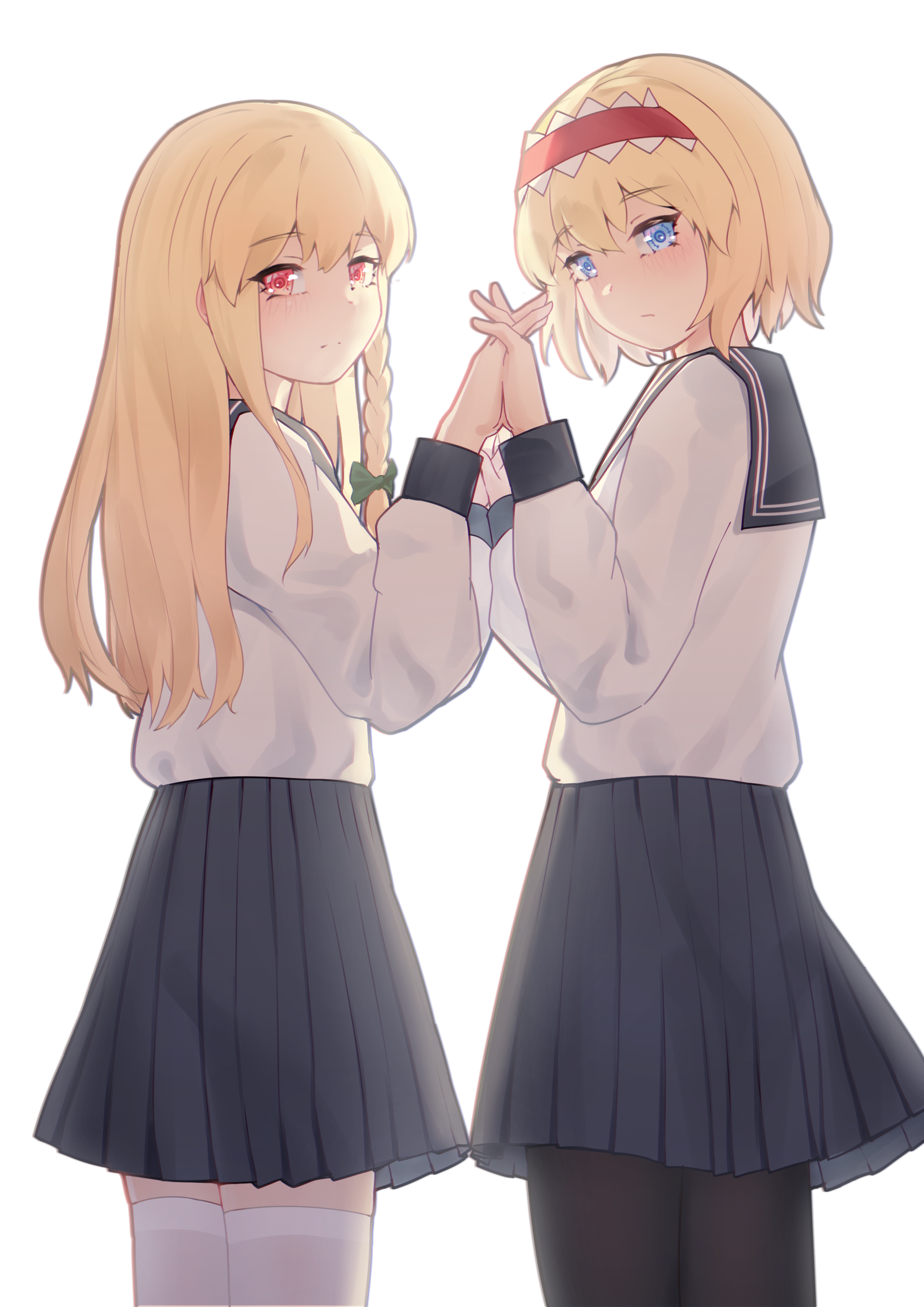 littiecy, alice margatroid, kirisame marisa, touhou, absurdres, commentary request, highres, 2girls, alternate costume, black pantyhose, black sailor collar, black skirt, blonde hair, blue eyes, bow, braid, braided sidelock, contemporary, couple, from side, green bow, hair bow, hairband, holding hands, interlocked fingers, multiple girls, pantyhose, pleated skirt, red eyes, red hairband, sailor collar, school uniform, serafuku, shirt, short hair, simple background, skirt, thighhighs, white background, white shirt, white thighhighs, yuri