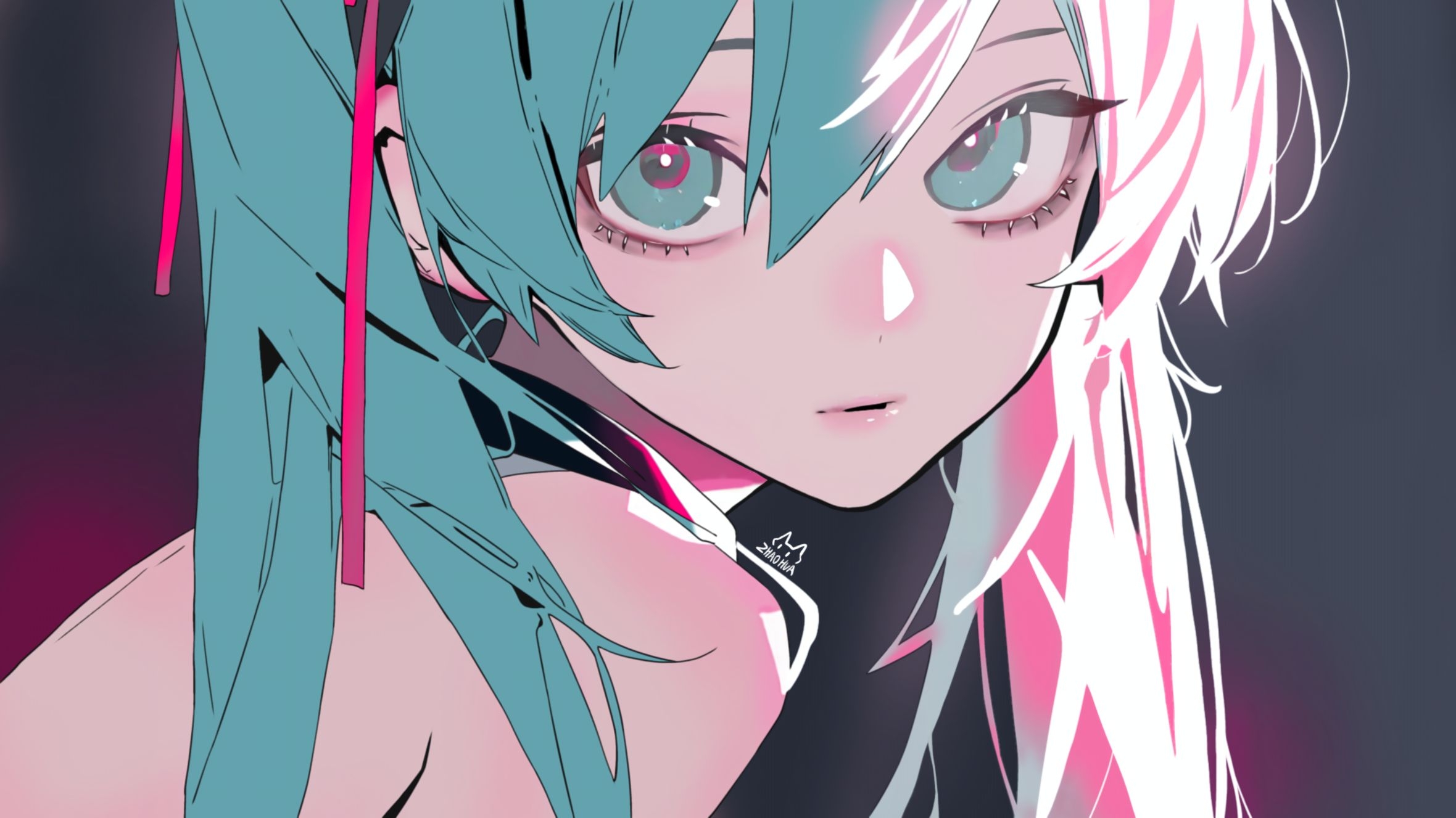 zhaohua, hatsune miku, vocaloid, chinese commentary, commentary, english commentary, highres, korean commentary, mixed-language commentary, multilingual commentary, aqua eyes, aqua hair, bare shoulders, choker, close-up, gradient background, hair ribbon, lips, long hair, looking at viewer, makeup, pink ribbon, portrait, ribbon, shirt, sleeveless, sleeveless shirt, twintails, very long hair