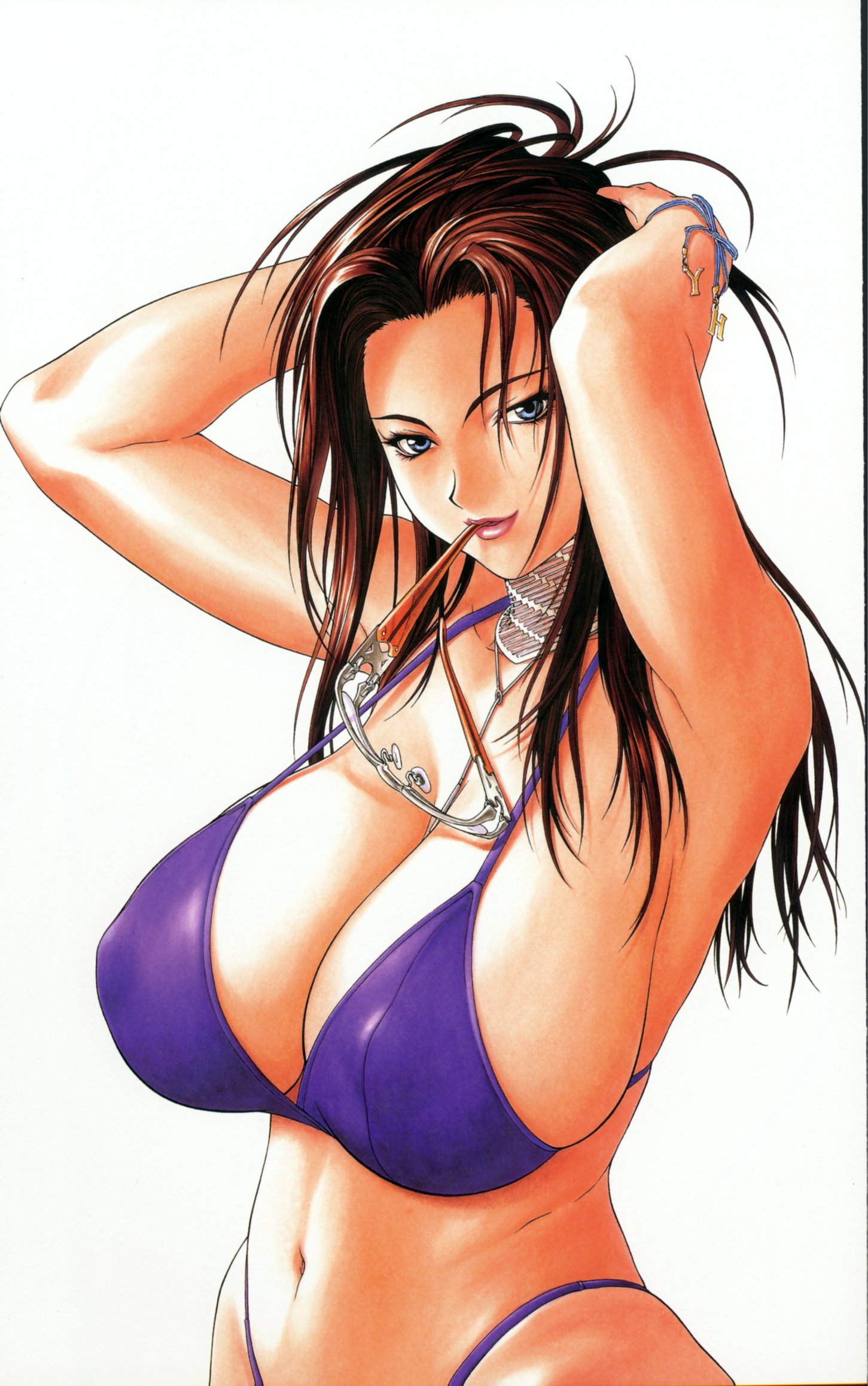 inoue takuya, highres, 1girl, armpits, arms behind head, bare shoulders, bikini, blue eyes, breasts, choker, cleavage, curvy, female focus, glasses, highleg, highleg bikini, hip focus, huge breasts, long hair, navel, panties, red hair, seductive smile, smile, solo, swimsuit, thong bikini, underwear, wide hips