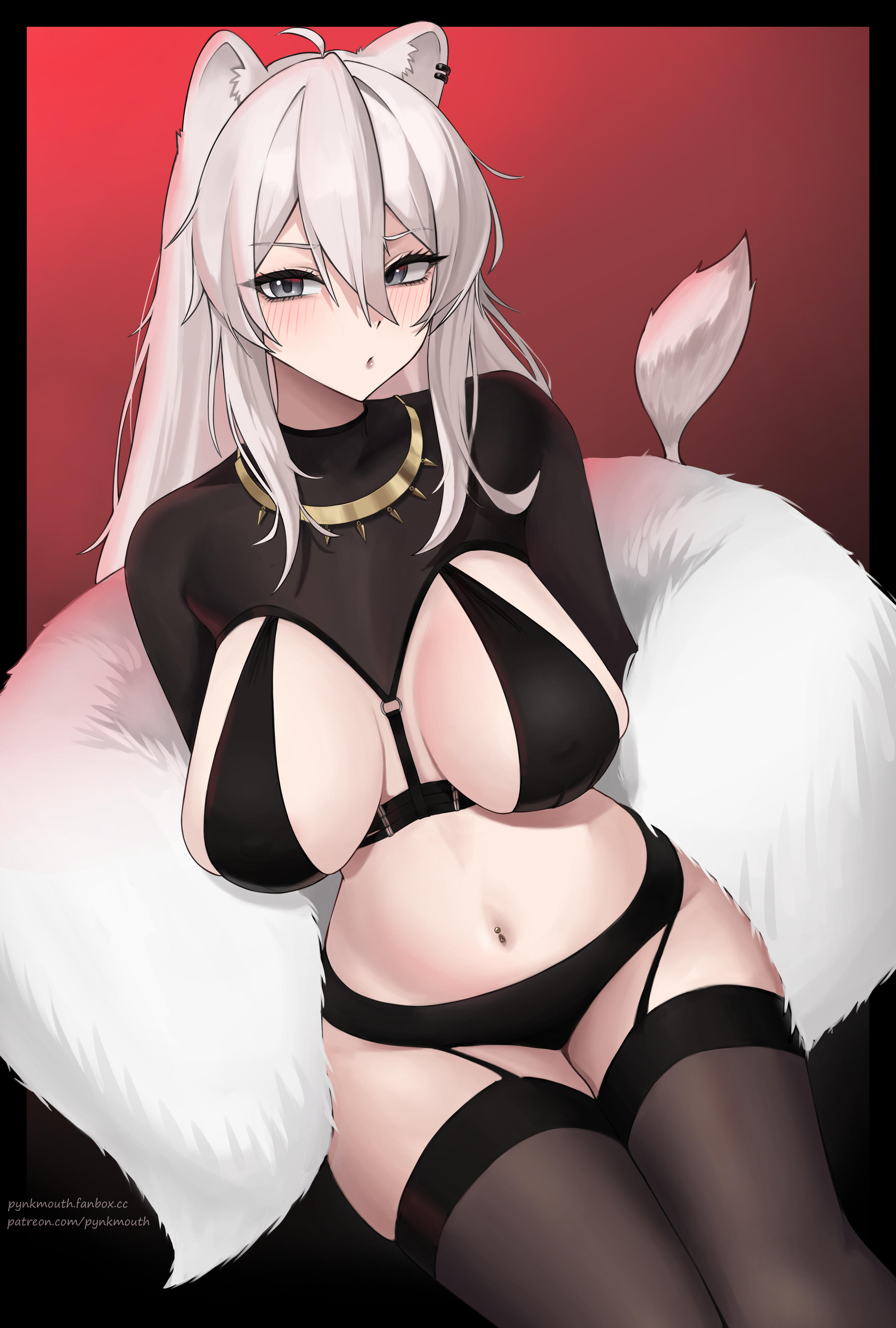 pynkmouth, shishiro botan, hololive, absurdres, highres, 1girl, ahoge, animal ear piercing, animal ears, black bra, black panties, black shrug, black thighhighs, bra, breasts, double-parted bangs, fur shawl, gradient background, grey eyes, grey hair, hair between eyes, jewelry, large breasts, lion ears, lion girl, lion tail, long hair, looking at viewer, navel, navel piercing, necklace, panties, piercing, red background, shawl, shrug (clothing), simple background, sitting, solo, stomach, tail, thighhighs, underwear, virtual youtuber