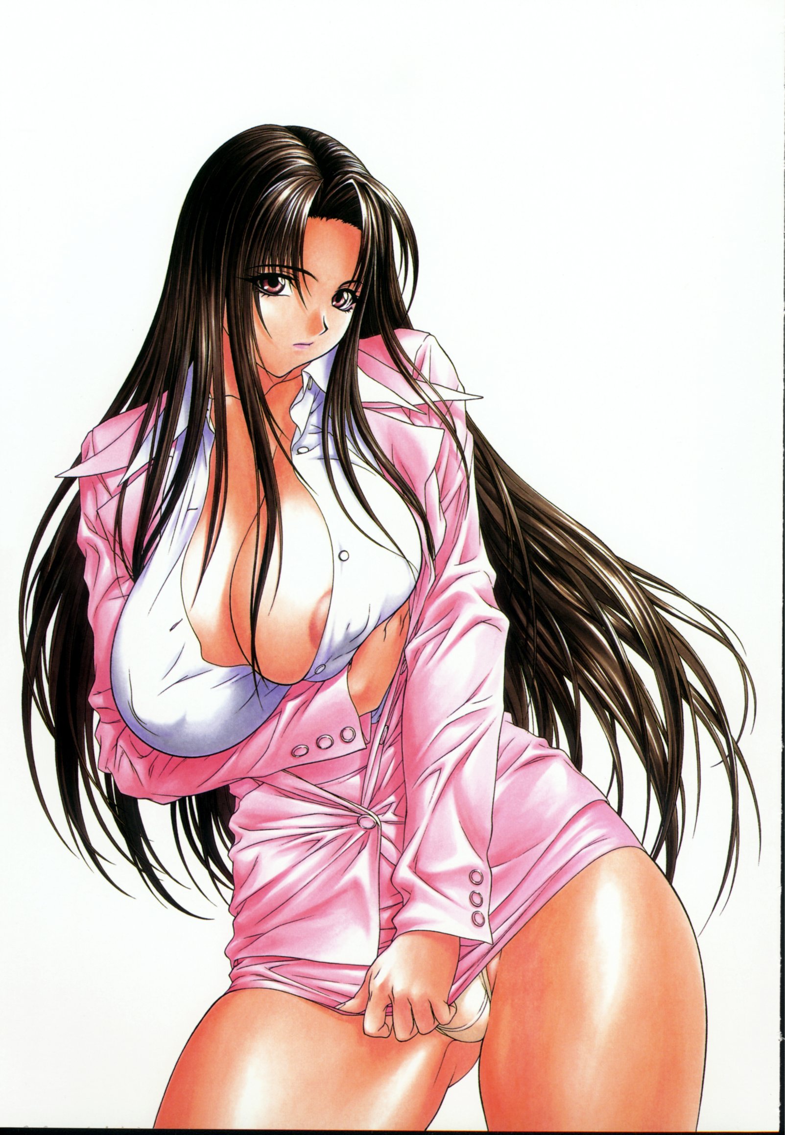 inoue takuya, highres, 1girl, areola slip, breasts, brown hair, cleavage, clothes pull, curvy, female focus, formal clothes, hip focus, huge breasts, large breasts, long hair, miniskirt, nipple slip, nipples, no bra, office lady, open clothes, open shirt, panties, pantyshot, pencil skirt, plump, red eyes, shirt, skirt, skirt pull, skirt suit, solo, suit, thick thighs, thighs, underwear, wide hips