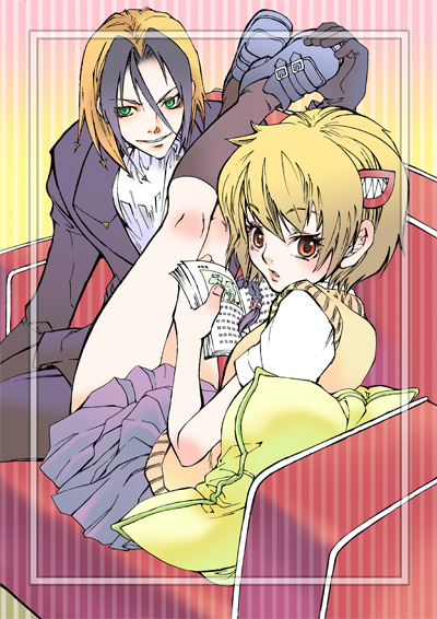 suika (suika-dokei), katsuragi yako, nougami neuro, majin tantei nougami neuro, 00s, 1boy, 1girl, blonde hair, book, colored bangs, couple, green eyes, hair ornament, hairclip, hetero, legs, red eyes, skirt