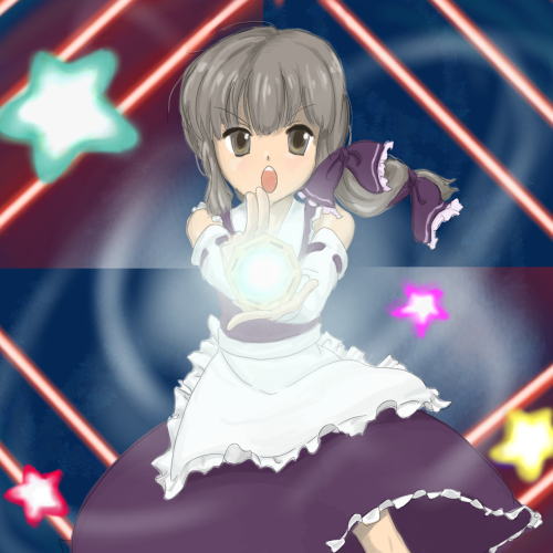 i.n.k.m., hakurei reimu, kirisame marisa, touhou, bad id, bad pixiv id, lowres, >:o, 1girl, :o, apron, arm warmers, bow, child, collar, dress, female focus, frilled apron, frilled bow, frilled dress, frills, grey eyes, grey hair, hair bow, if they mated, mini-hakkero, open mouth, ponytail, purple bow, purple dress, purple ribbon, ribbon, ribbon-trimmed sleeves, ribbon trim, sleeveless, sleeveless dress, solo, star (symbol), teeth, v-shaped eyebrows, waist apron, white collar