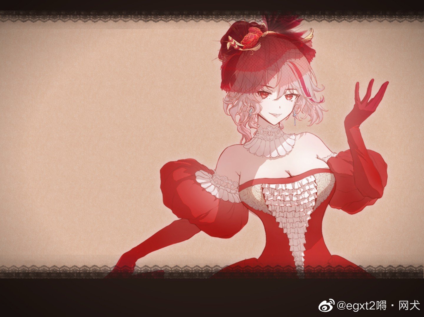 m1887 (girls' frontline), girls' frontline, breasts, choker, curly hair, dress, earrings, egxt2 de-wang quan, gloves, hat, jewelry, multicolored hair, orange background, red dress, smile, solo, standing
