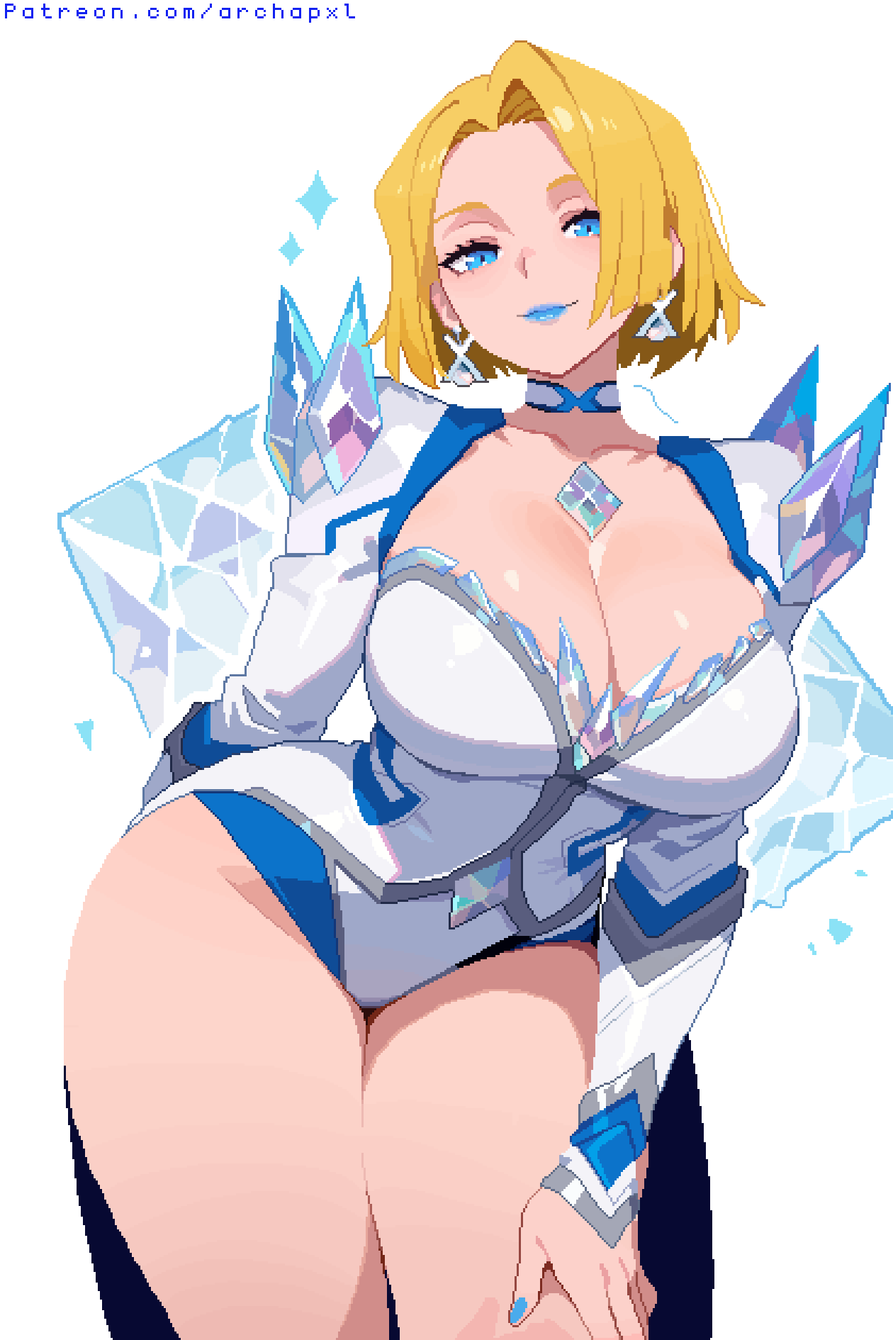 archapxl, emma frost, marvel, marvel rivals, x-men, highres, 1girl, blonde hair, blue eyes, blue lips, breasts, choker, cleavage, earrings, jewelry, large breasts, leotard, lipstick, looking at viewer, makeup, short hair, smile, solo, thick thighs, thighs