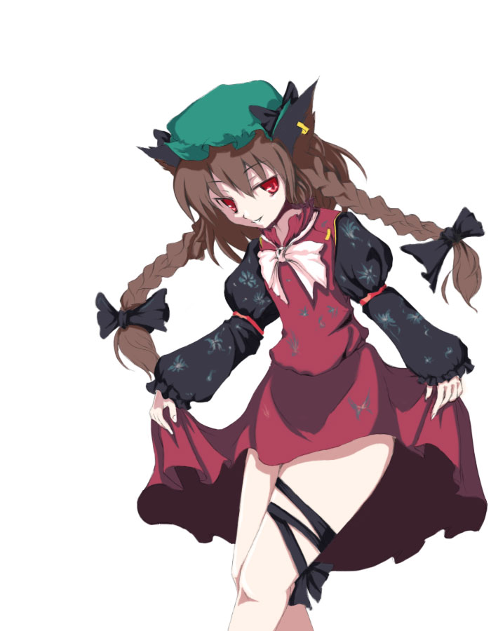 zaki (artist), chen, kaenbyou rin, touhou, 1girl, animal ears, bow, braid, brown hair, cat ears, cat girl, curtsey, earrings, female focus, fusion, hair bow, hat, hat bow, if they mated, jewelry, long hair, mob cap, red eyes, simple background, single earring, skirt hold, smile, solo, twin braids, white background