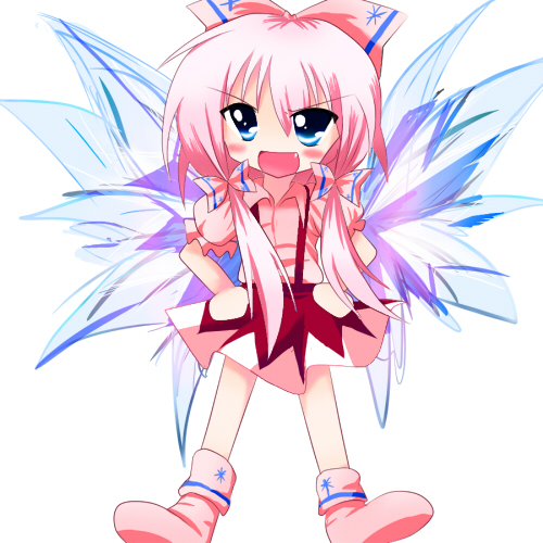 haiiro (immature), cirno, fujiwara no mokou, touhou, lowres, 1girl, blue eyes, bow, child, fang, female focus, fusion, hands on own hips, if they mated, open mouth, pink hair, solo, suspenders, wings