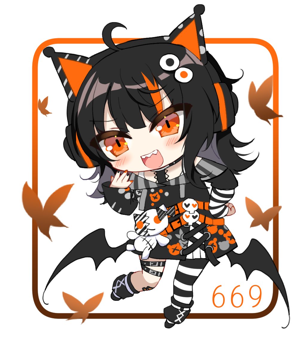 shikito (yawa0w0), mahou shoujo no majo saiban, commentary request, 1girl, :d, animal ear headphones, animal ears, asymmetrical legwear, bat wings, black hair, black shoes, blunt bangs, bug, butterfly, cat ear headphones, cat ears, chibi, fake animal ears, full body, hand on own hip, hand up, headphones, insect, long hair, looking at viewer, magical girl, multicolored hair, open mouth, orange eyes, sawatari koko, sharp teeth, shoes, smile, solo, standing, teeth, thigh strap, white background, wings