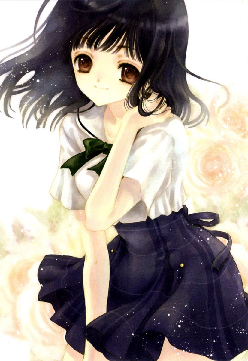 azumi tooru, tohru adumi, highres, 1girl, black hair, brown eyes, female focus, flower, school uniform, serafuku, short hair, skirt, smile, solo, standing, white background