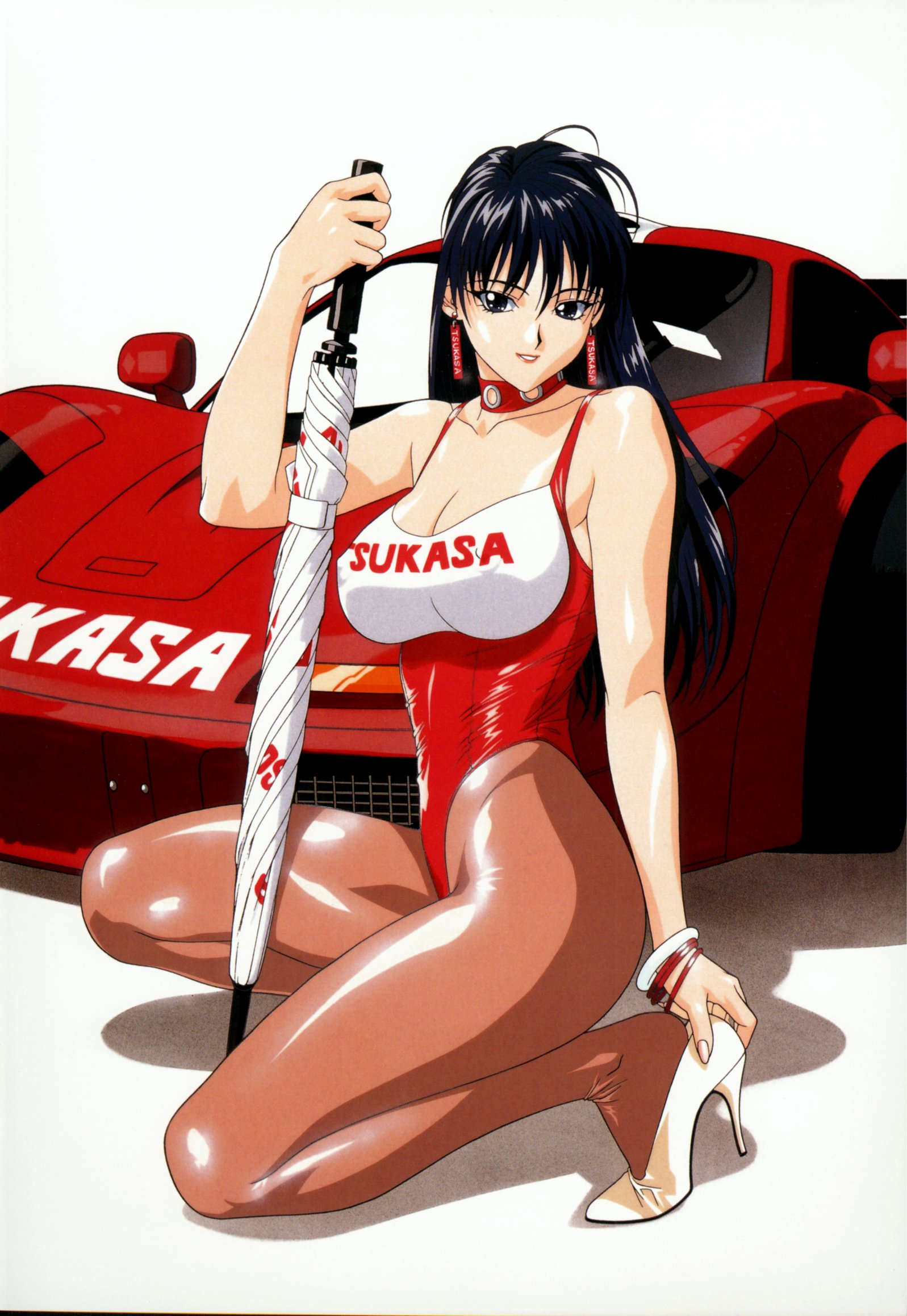 inoue takuya, mclaren, highres, 1girl, bare shoulders, black eyes, black hair, breasts, car, collar, covered erect nipples, curvy, earrings, female focus, high heels, jewelry, large breasts, leotard, long hair, looking at viewer, mclaren f1, model, modeling, motor vehicle, one-piece swimsuit, pantyhose, race queen, red leotard, shoes, skin tight, solo, squatting, swimsuit, umbrella