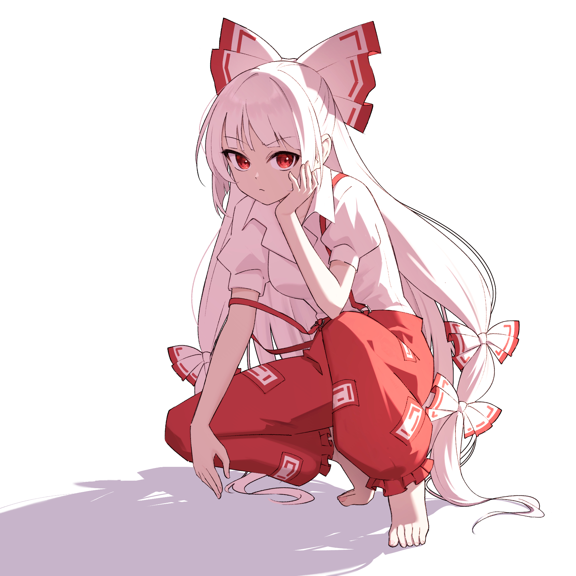 oeyama, fujiwara no mokou, touhou, commentary request, highres, 1girl, :/, barefoot, bow, breasts, closed mouth, dot nose, expressionless, frills, full body, hair bow, hand on own cheek, hand on own face, hand up, long hair, looking at viewer, medium breasts, multi-tied hair, ofuda, ofuda on clothes, pants, puffy short sleeves, puffy sleeves, red eyes, red pants, shadow, shirt, short sleeves, simple background, solo, squatting, strap slip, suspenders, toes, upturned eyes, very long hair, white background, white bow, white hair, white shirt, wing collar