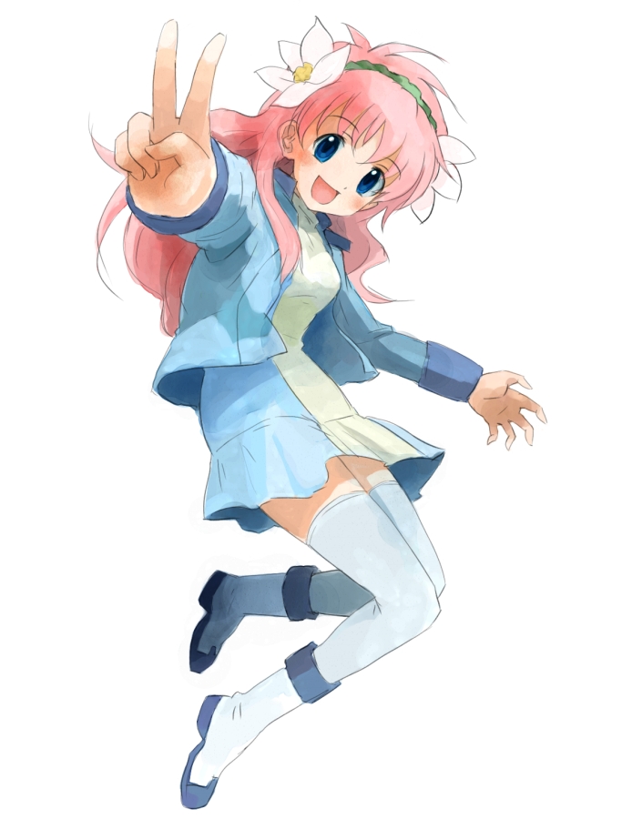 nyama, milfeulle sakuraba, galaxy angel, bad id, bad pixiv id, 00s, 1girl, alternate costume, blush, dress, female focus, flower, hair flower, hair ornament, jacket, long hair, looking at viewer, short dress, simple background, smile, solo, thighhighs, v, white background, zettai ryouiki