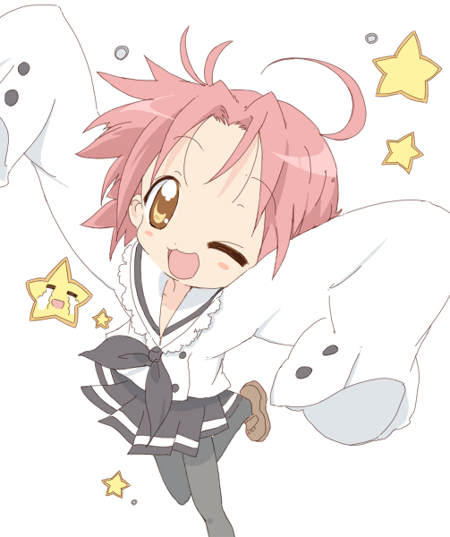 core (mayomayo), kogami akira, lucky star, bad id, bad pixiv id, 00s, 1girl, ;d, ahoge, black hair, black skirt, blush, brown eyes, female focus, leg up, looking at viewer, one eye closed, open mouth, oversized clothes, pantyhose, pleated skirt, skirt, smile, solo, standing, standing on one leg, white background