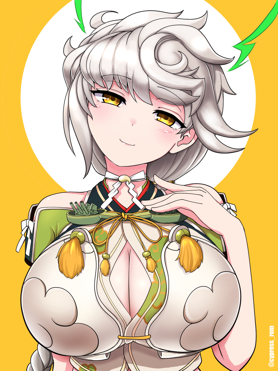 cypress (hinokidou), unryuu (kancolle), unryuu kai (kancolle), kantai collection, highres, 1girl, asymmetrical hair, braid, breasts, cleavage cutout, clothing cutout, cloud print, huge breasts, long hair, looking at viewer, single braid, smile, solo, upper body, very long hair, wavy hair, white hair, yellow eyes