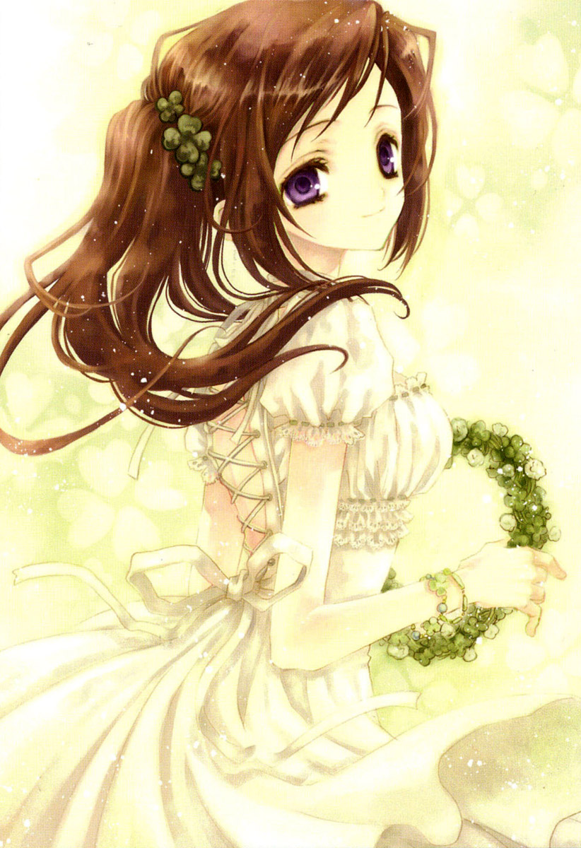 azumi tooru, tohru adumi, original, highres, backless dress, backless outfit, brown hair, dress, frills, long hair, purple eyes, red hair, ribbon, smile, solo