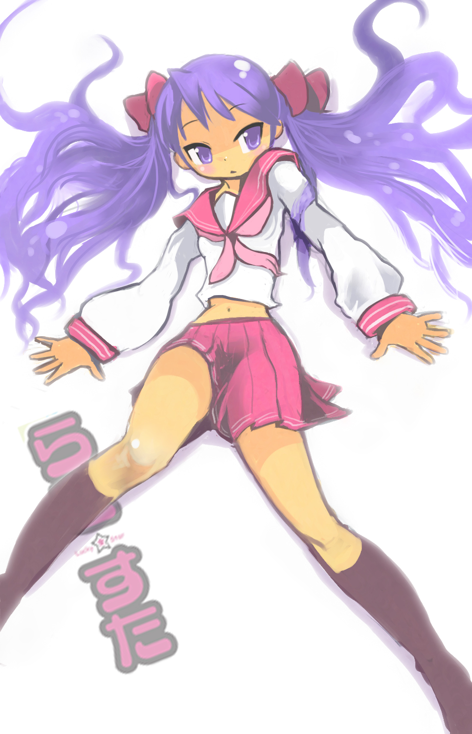 okera, hiiragi kagami, lucky star, highres, 00s, 1girl, female focus, hair ribbon, long hair, lying, midriff, navel, purple eyes, purple hair, ribbon, school uniform, serafuku, skirt, socks, solo, spread legs, tsurime, twintails, white background