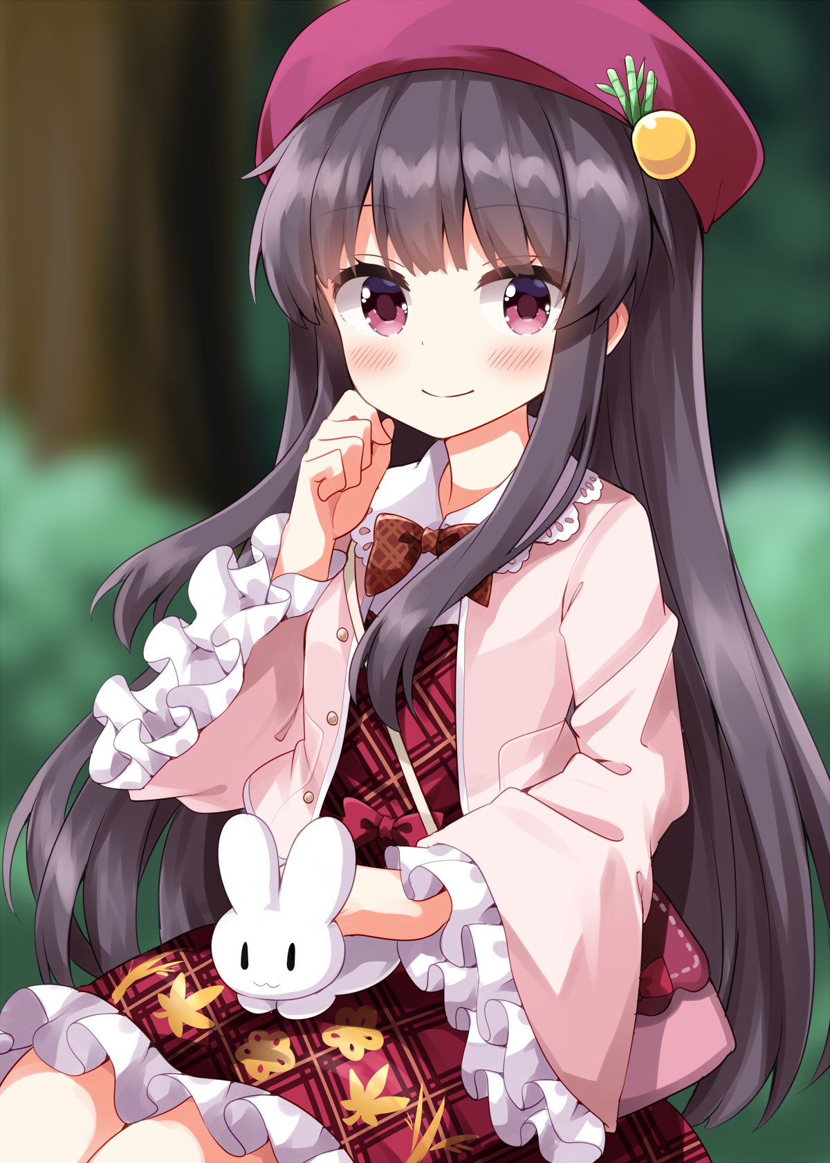 ruu (tksymkw), houraisan kaguya, houraisan kaguya (brilliant sheltered beauty), touhou, touhou lostword, commentary, highres, 1girl, blurry, blurry background, blush, brown hair, closed mouth, cowboy shot, dress, frilled dress, frilled sleeves, frills, hand up, hat, jacket, long hair, long sleeves, looking at viewer, open clothes, open jacket, pink hat, pink jacket, rabbit, red dress, smile, solo, wide sleeves