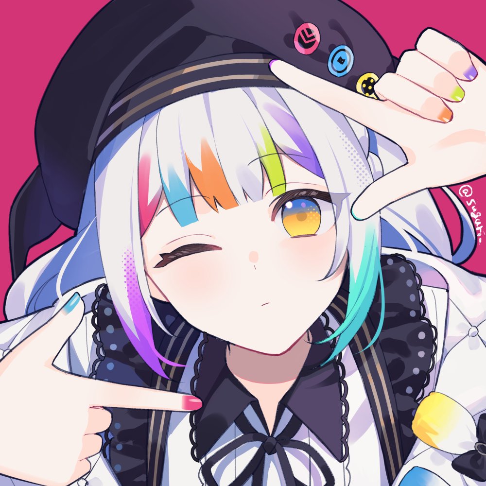 suguri (neroli), jougasaki noa, mahou shoujo no majo saiban, commentary request, 1girl, beret, black ribbon, blue nails, blunt bangs, closed mouth, finger frame, green nails, hat, long hair, looking at viewer, magical girl, multicolored hair, multicolored nails, nail polish, neck ribbon, one eye closed, orange nails, pink nails, purple background, purple nails, ribbon, simple background, solo, streaked hair, upper body, white hair, yellow eyes