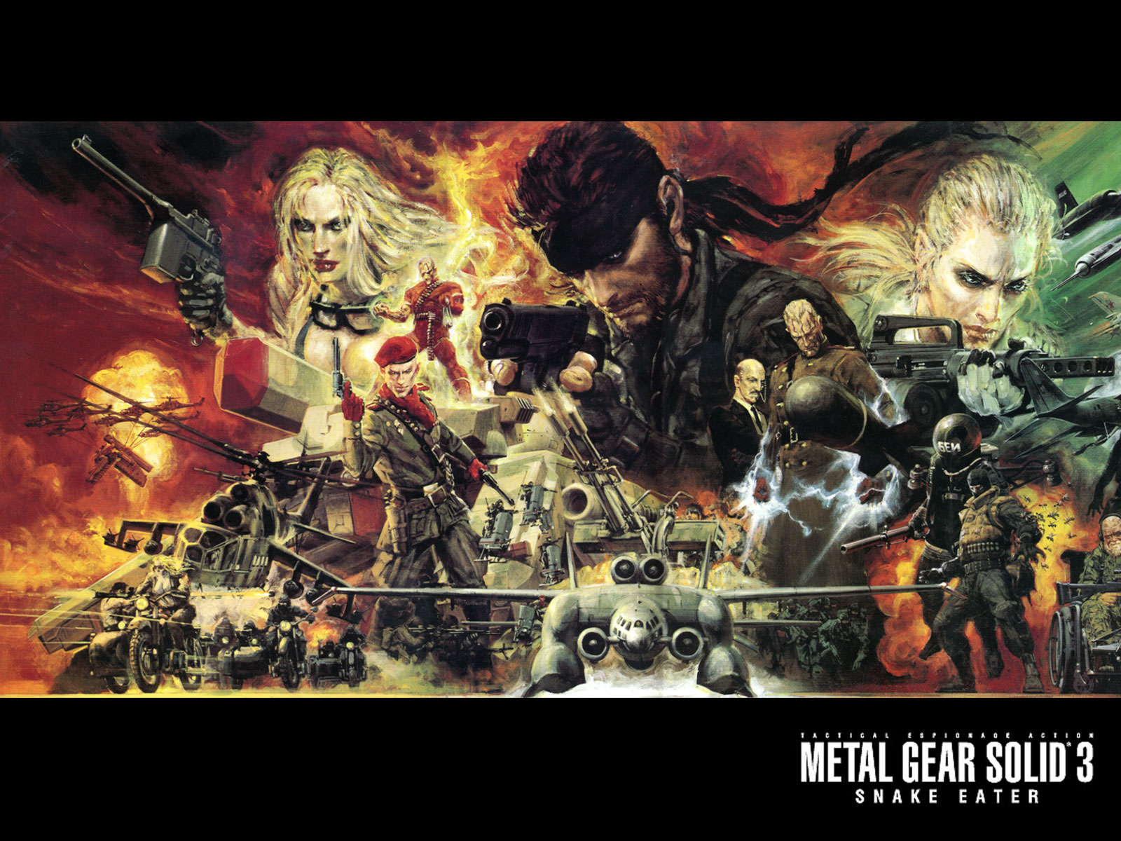 ohrai noriyoshi, takani yoshiyuki, big boss, eva (metal gear), mi-24, mig-21, naked snake, nikolai stepanovich sokolov, revolver ocelot, shagohod, sokolov, the boss, the end (metal gear), the fury, the pain, the sorrow, vva-14, yevgeny borisovitch volgin, konami, metal gear (series), metal gear solid 3: snake eater, vehicle, annotation request, highres, official art, traditional media, 1960s (style), 2girls, 6+boys, aircraft, artillery, assault rifle, attack helicopter, aura, beta c-mag, breasts, carbine, cleavage, colt single action army, crew-served weapon, d-21, davy crockett (nuclear weapon), double-drum magazine, drone, drum magazine, dual wielding, ekranoplan, electricity, energy, energy fist, epic, explosion, explosive, flamethrower, flammenwerfer 41, flying platform, formal clothes, glowing, ground-effect vehicle, gun, gunship, handgun, helicopter, helicopter gunship, high-capacity magazine, holding, hovercraft, letterboxed, lockheed d-21, lockheed m-21, m-21 blackbird, m-28 davy crockett, m16, m16a1, m1911, m231 firing port weapon, m388, magazine (weapon), mauser c96, mecha, military, military uniform, military vehicle, missile, monocle, monocle chain, motor vehicle, motorcycle, multiple boys, multiple girls, mushroom cloud, nuclear artillery, nuclear explosion, nuclear missile, nuclear weapon, oldschool, patriot (metal gear), realistic, recoilless gun, retro artstyle, revolver, rifle, robot, screw-propelled vehicle, shansi type 17, short-barreled rifle, soviet, tank, vtol, w54, watercraft, weapon, weapon of mass destruction, wheelchair, williams x-jet