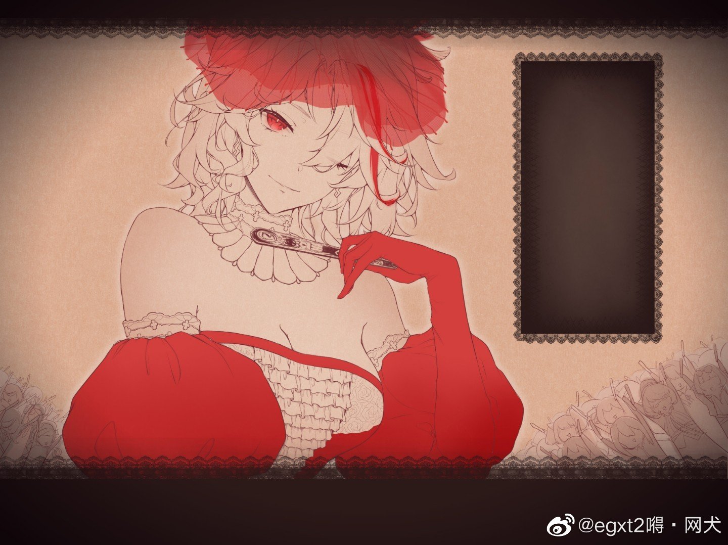 m1887 (girls' frontline), m200 (girls' frontline), thompson (girls' frontline), girls' frontline, bad link, breasts, choker, curly hair, dress, earrings, egxt2 de-wang quan, jewelry, multicolored hair, orange background, red dress, red eyes, smile, standing