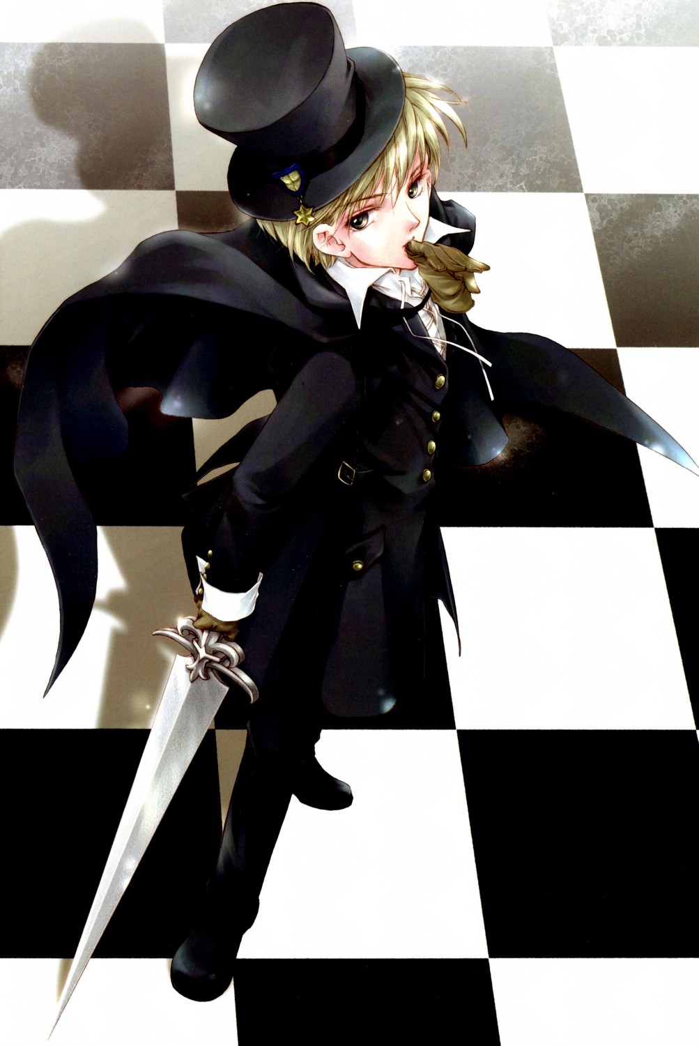 highres, 1boy, blonde hair, cape, checkered floor, gloves, green eyes, hat, hat ribbon, male focus, pin, ribbon, solo, sword, top hat, weapon