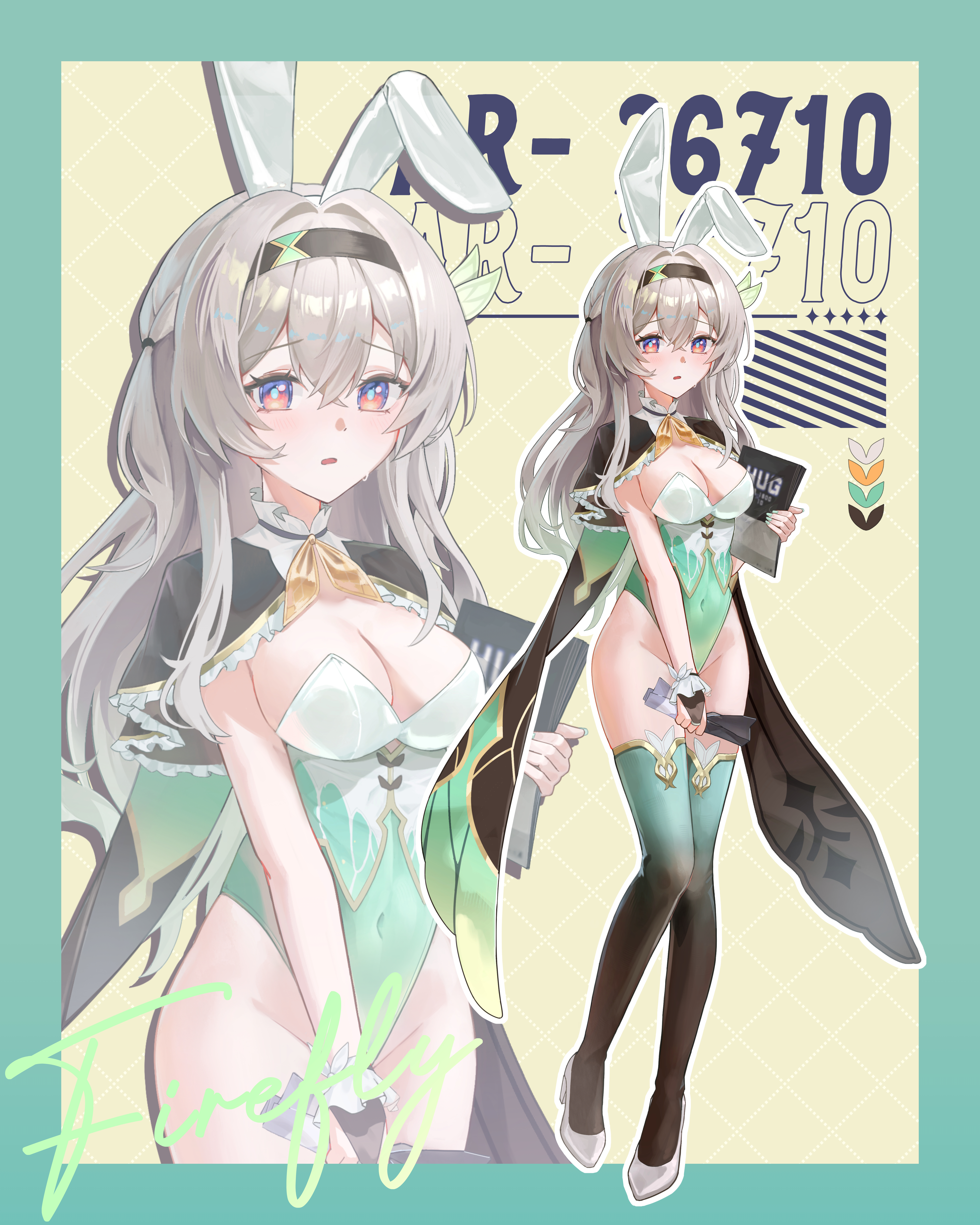 bimo (bimo koa), firefly (honkai: star rail), honkai: star rail, honkai (series), absurdres, commentary request, highres, 1girl, adapted costume, animal ears, aqua leotard, aqua thighhighs, black hairband, black thighhighs, blush, breasts, cleavage, covered navel, fake animal ears, frilled wrist cuffs, frills, grey hair, hair between eyes, hairband, high heels, highleg, highleg leotard, holding, leotard, long hair, medium breasts, multicolored thighhighs, parted lips, playboy bunny, purple eyes, rabbit ears, shoes, sweat, thighhighs, very long hair, white shoes, white wrist cuffs, wrist cuffs, zoom layer
